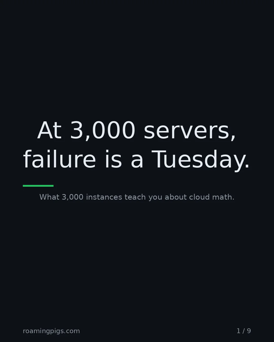 Slide 1 of 9: At 3,000 servers, failure is a Tuesday.. What 3,000 instances teach you about cloud math