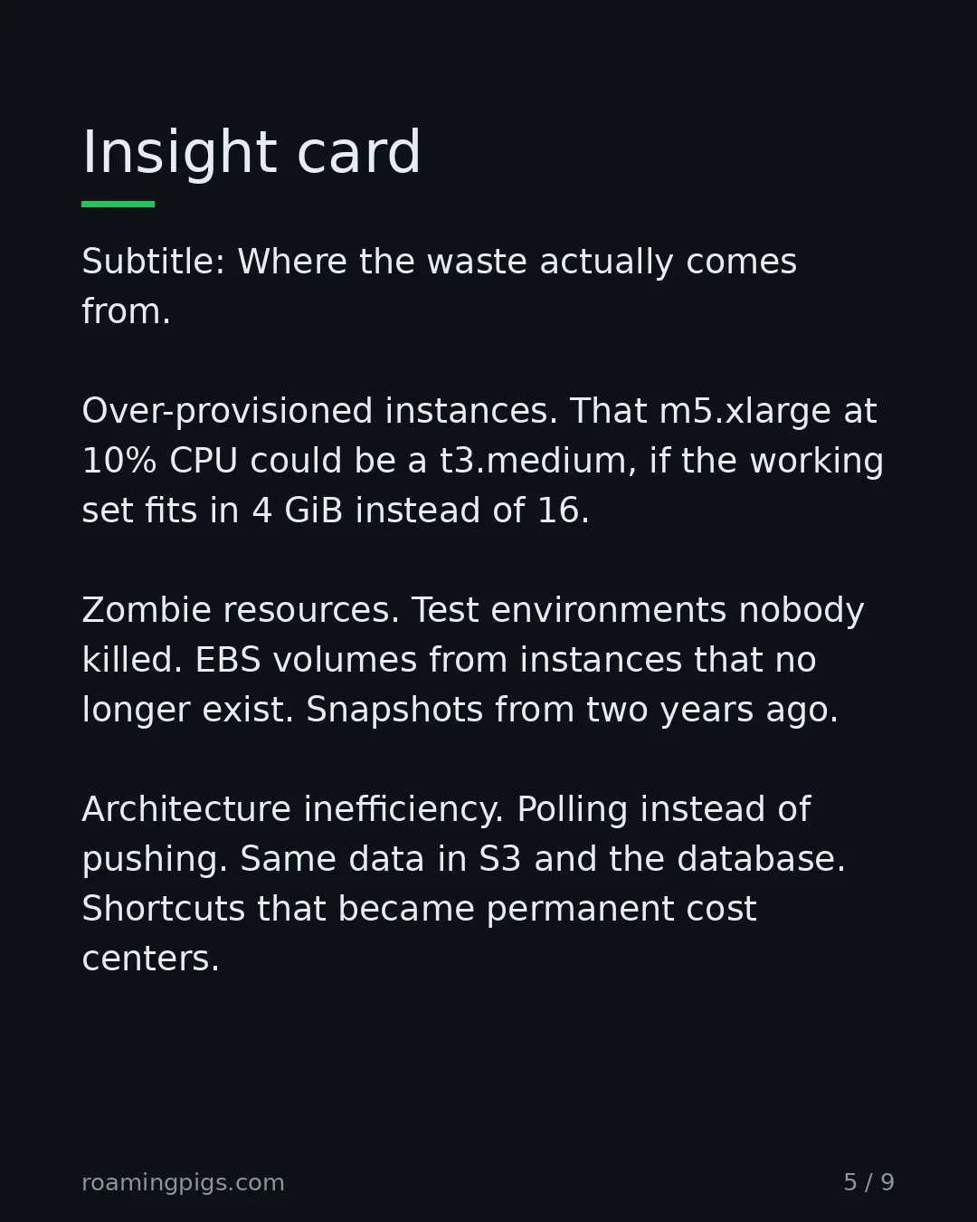 Slide 5 of 9: Where the waste actually comes from. Over-provisioned instances. That m5.xlarge at 10% CPU could be a t3.medium, if the working set fits in…