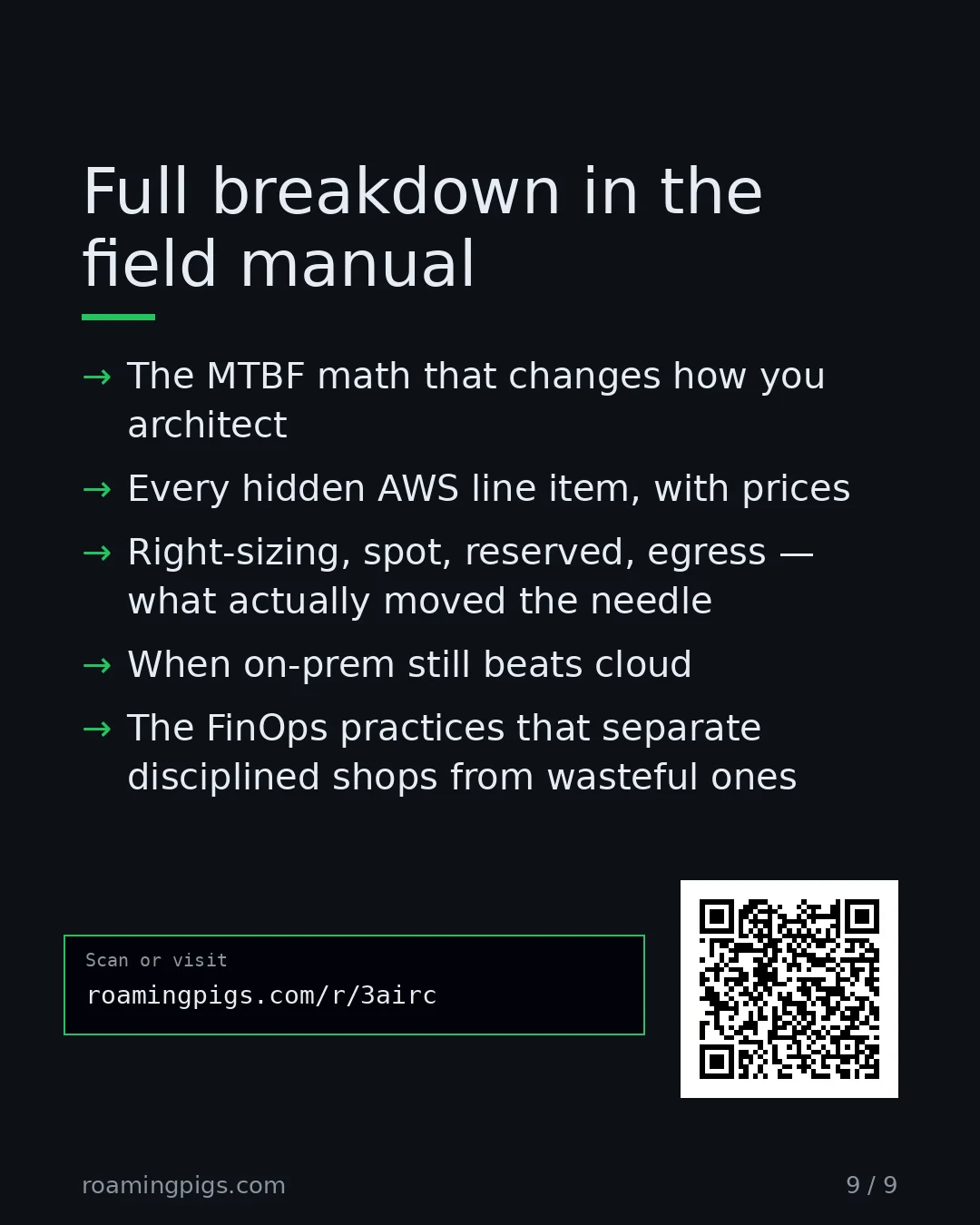 Slide 9 of 9: Call to action: The MTBF math that changes how you architect Every hidden AWS line item, with prices Right-sizing, spot, reserved, egress —…