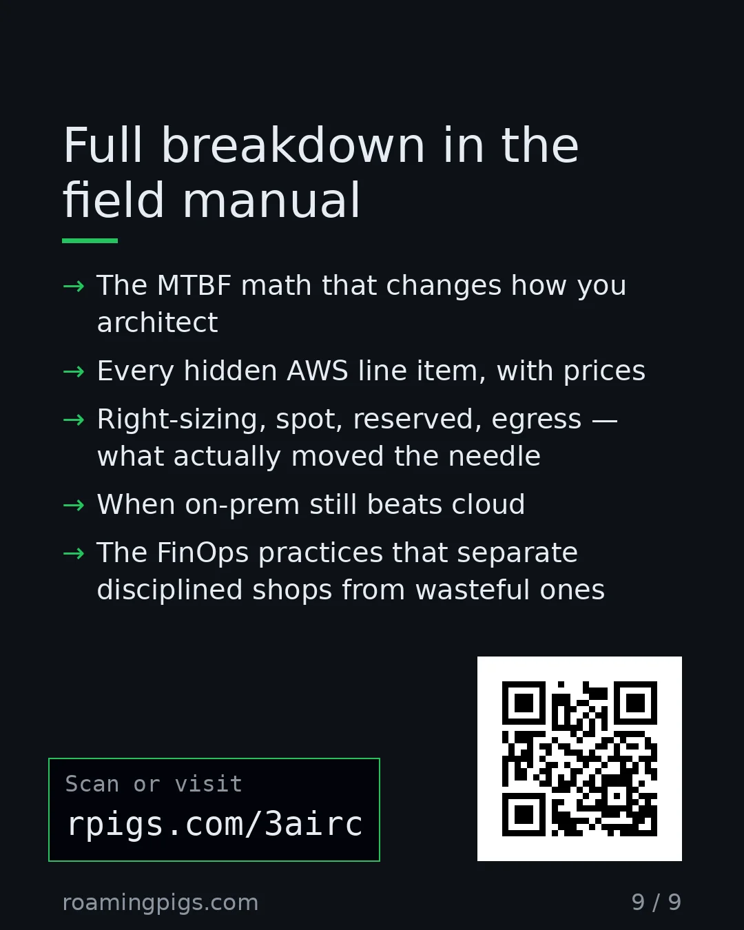 Slide 9 of 9: Call to action: The MTBF math that changes how you architect Every hidden AWS line item, with prices Right-sizing, spot, reserved, egress —…