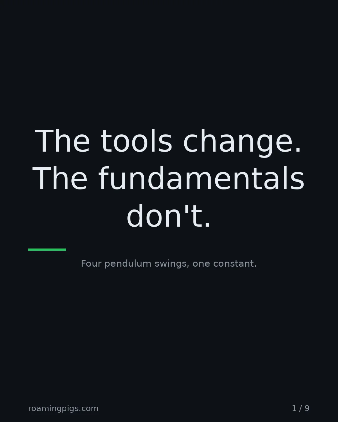 Slide 1 of 9: The tools change. The fundamentals don't.. Four pendulum swings, one constant