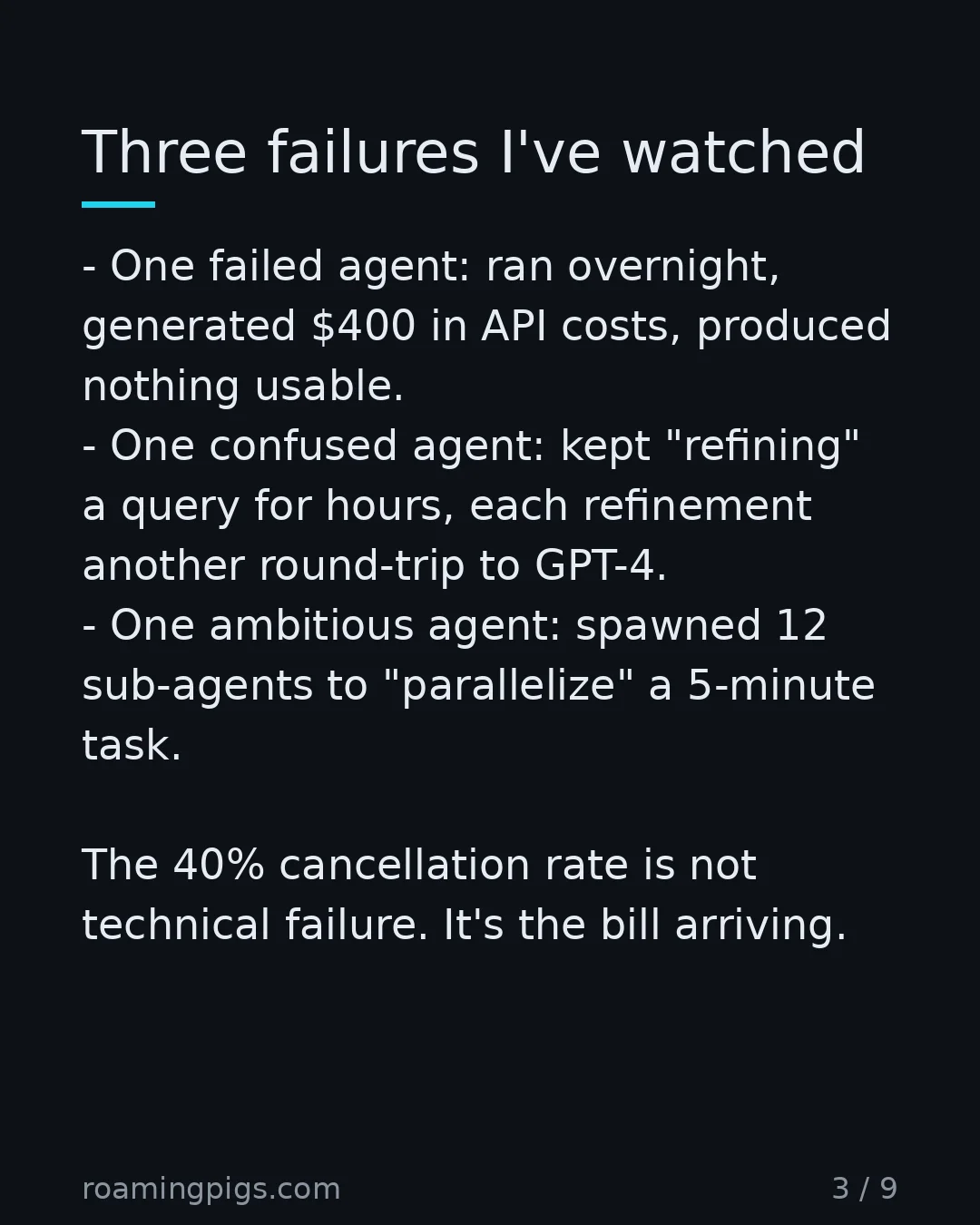 Slide 3 of 9: Three failures I've watched. One failed agent: ran overnight, generated $400 in API costs, produced nothing usable. One confused agent:…