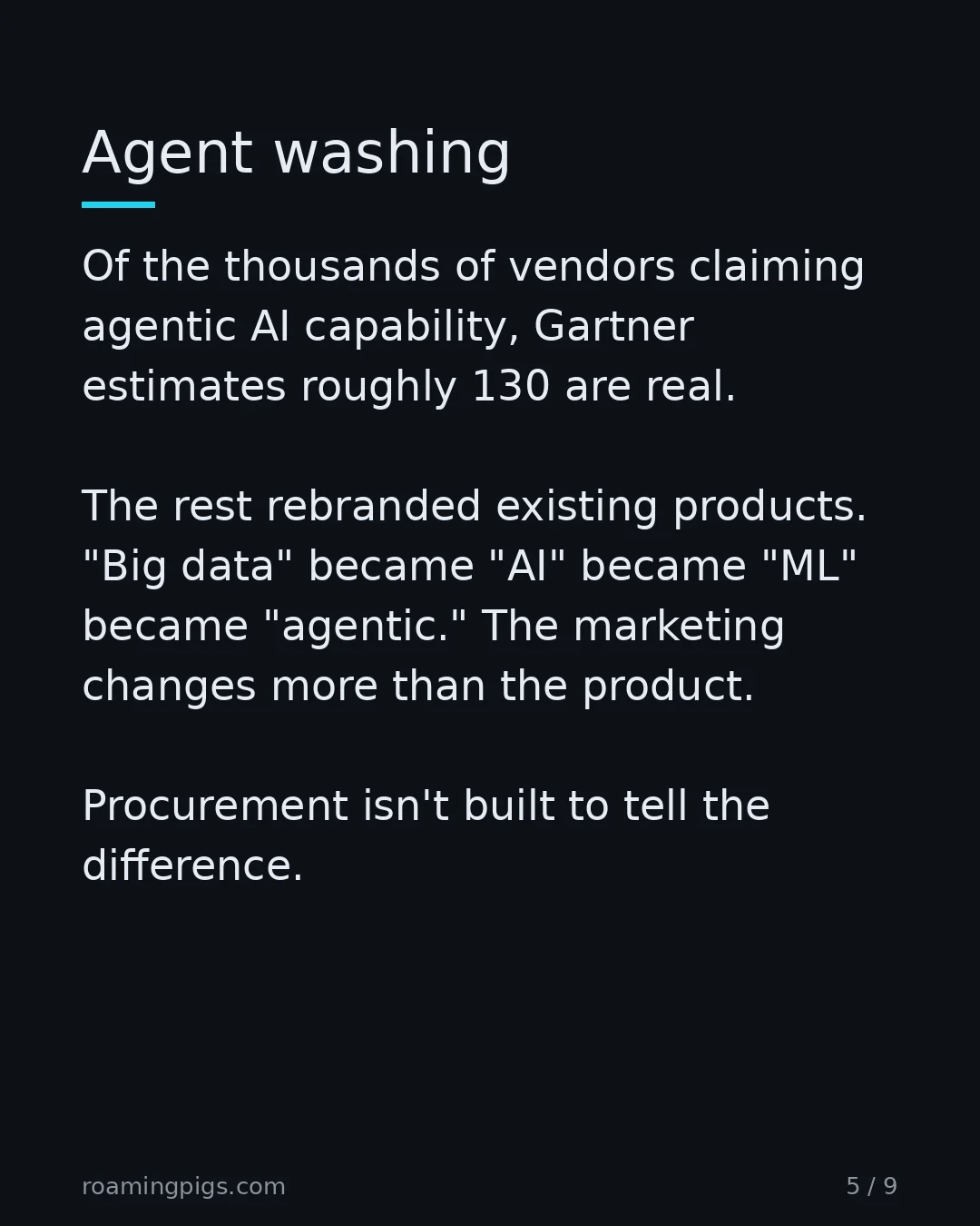 Slide 5 of 9: Agent washing. Of the thousands of vendors claiming agentic AI capability, Gartner estimates roughly 130 are real. The rest rebranded…