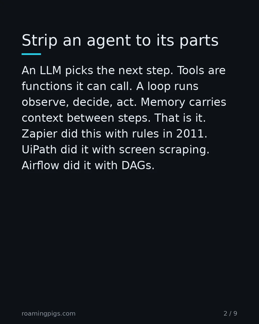 Slide 2 of 9: Strip an agent to its parts. An LLM picks the next step. Tools are functions it can call. A loop runs observe, decide, act. Memory carries…