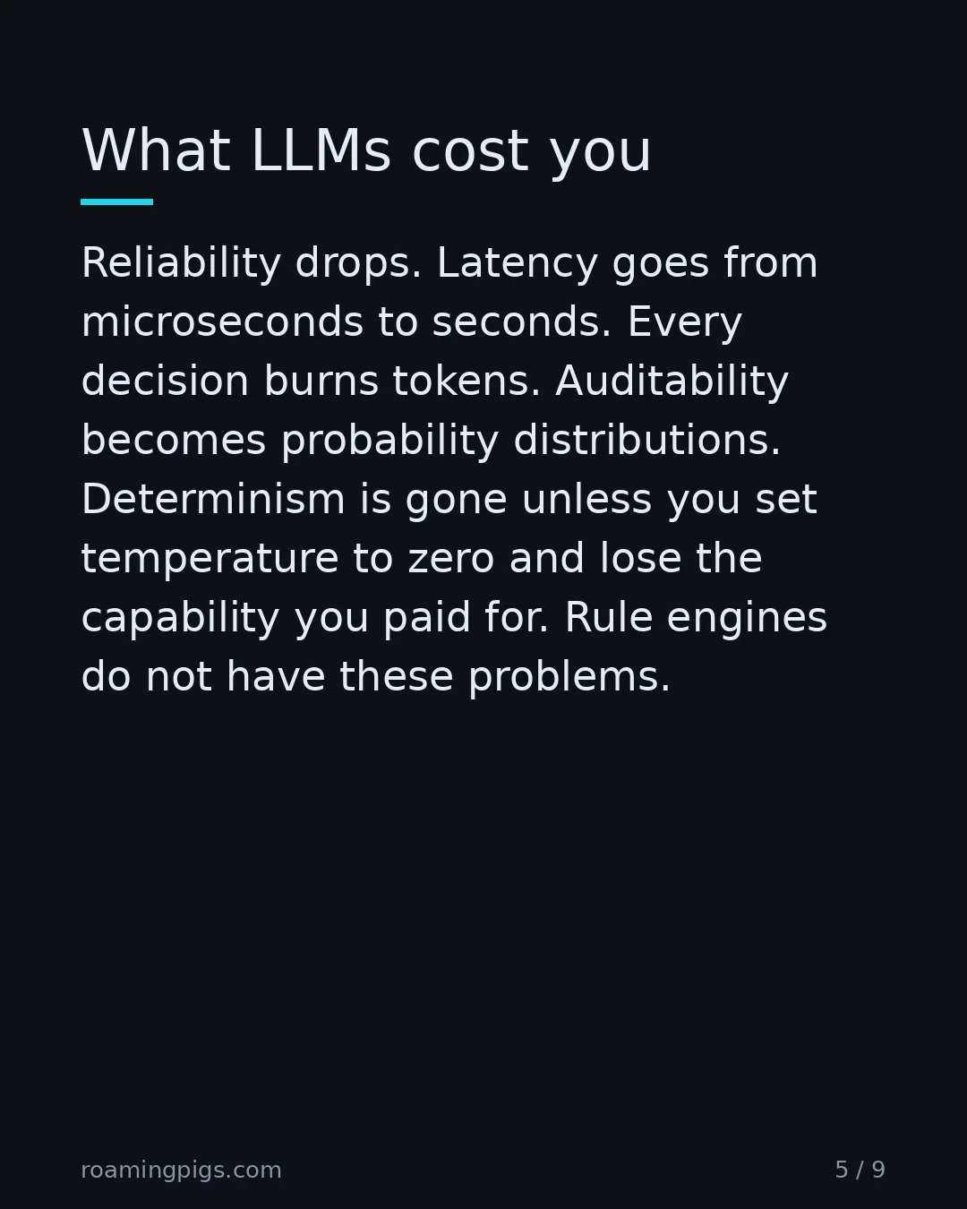 Slide 5 of 9: What LLMs cost you. Reliability drops. Latency goes from microseconds to seconds. Every decision burns tokens. Auditability becomes…