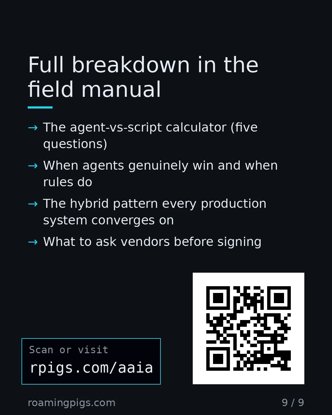 Slide 9 of 9: Call to action: The agent-vs-script calculator (five questions) When agents genuinely win and when rules do The hybrid pattern every…