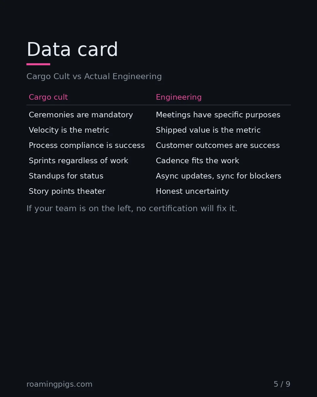 Slide 5 of 9: Data card. Cargo Cult vs Actual Engineering Table with 7 rows