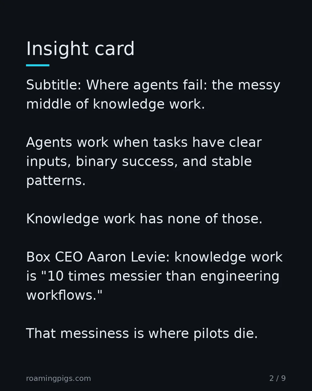 Slide 2 of 9: Where agents fail: the messy middle of knowledge work. Agents work when tasks have clear inputs, binary success, and stable patterns.…