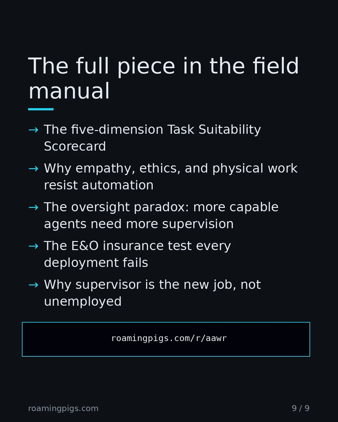 Slide 9 of 9: Call to action: The five-dimension Task Suitability Scorecard Why empathy, ethics, and physical work resist automation The oversight…