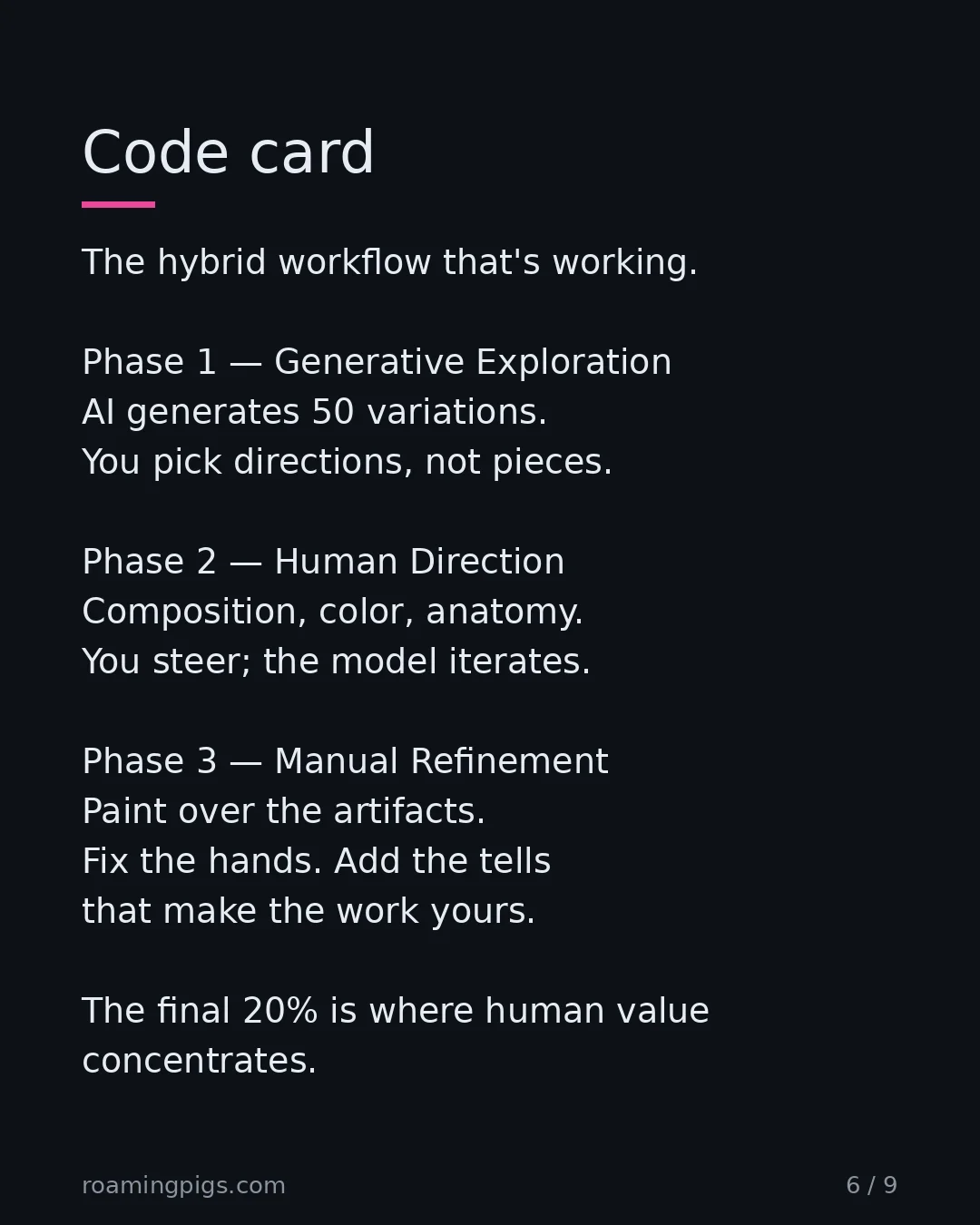 Slide 6 of 9: Code card. The hybrid workflow that's working. Phase 1 — Generative Exploration AI generates 50 variations. You pick directions, not…