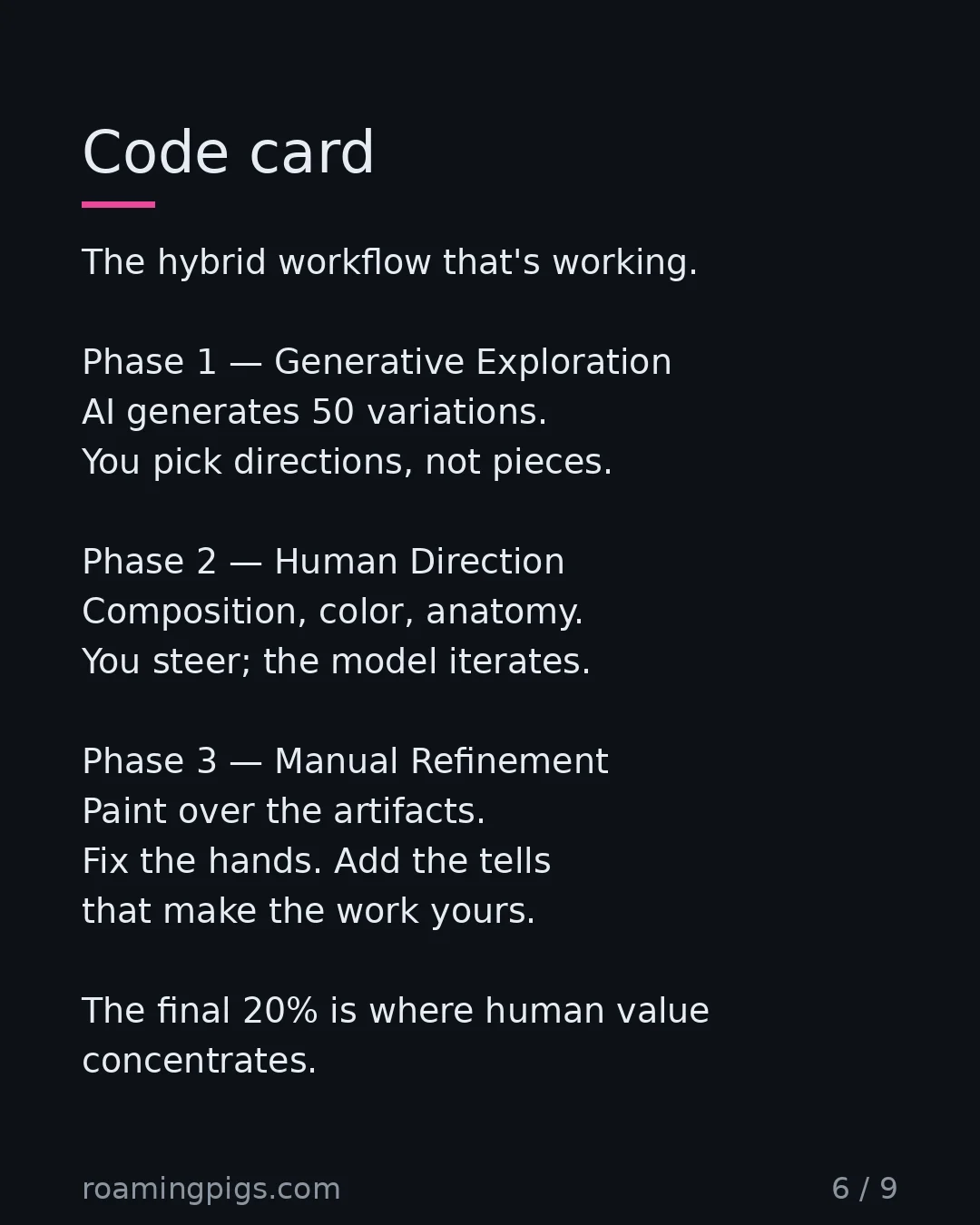 Slide 6 of 9: Code card. The hybrid workflow that's working. Phase 1 — Generative Exploration AI generates 50 variations. You pick directions, not…