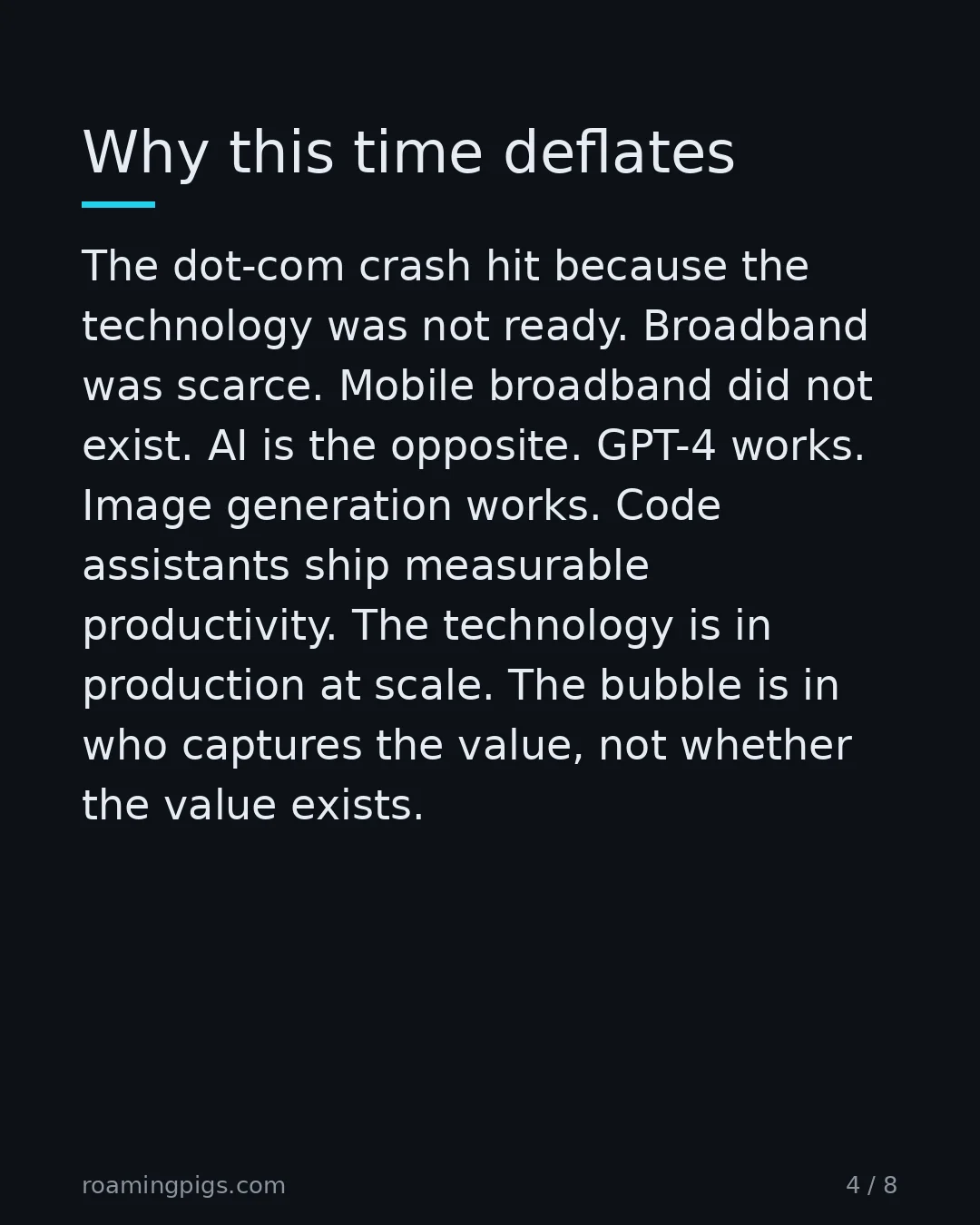 Slide 4 of 8: Why this time deflates. The dot-com crash hit because the technology was not ready. Broadband was scarce. Mobile broadband did not exist.…
