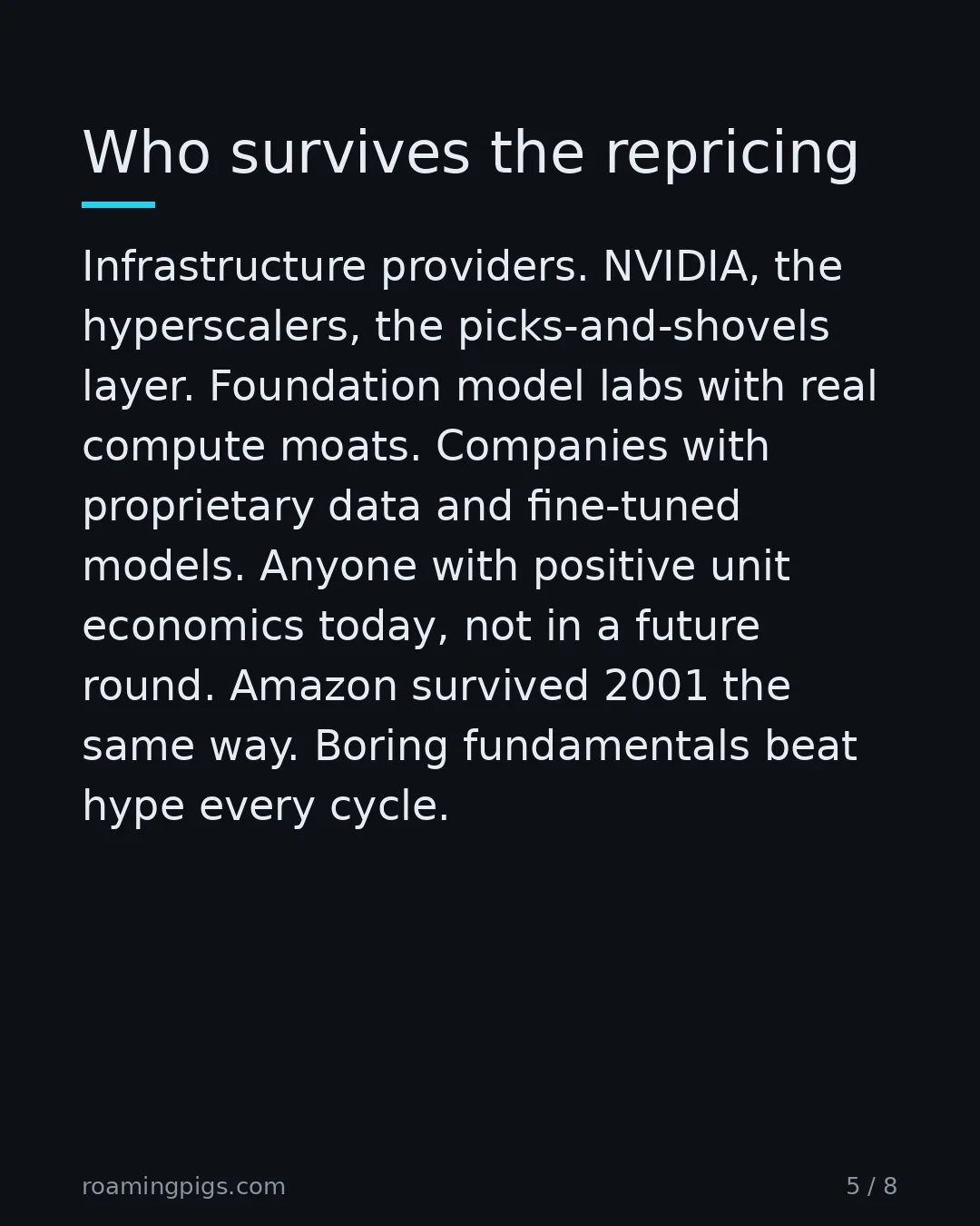 Slide 5 of 8: Who survives the repricing. Infrastructure providers. NVIDIA, the hyperscalers, the picks-and-shovels layer. Foundation model labs with…