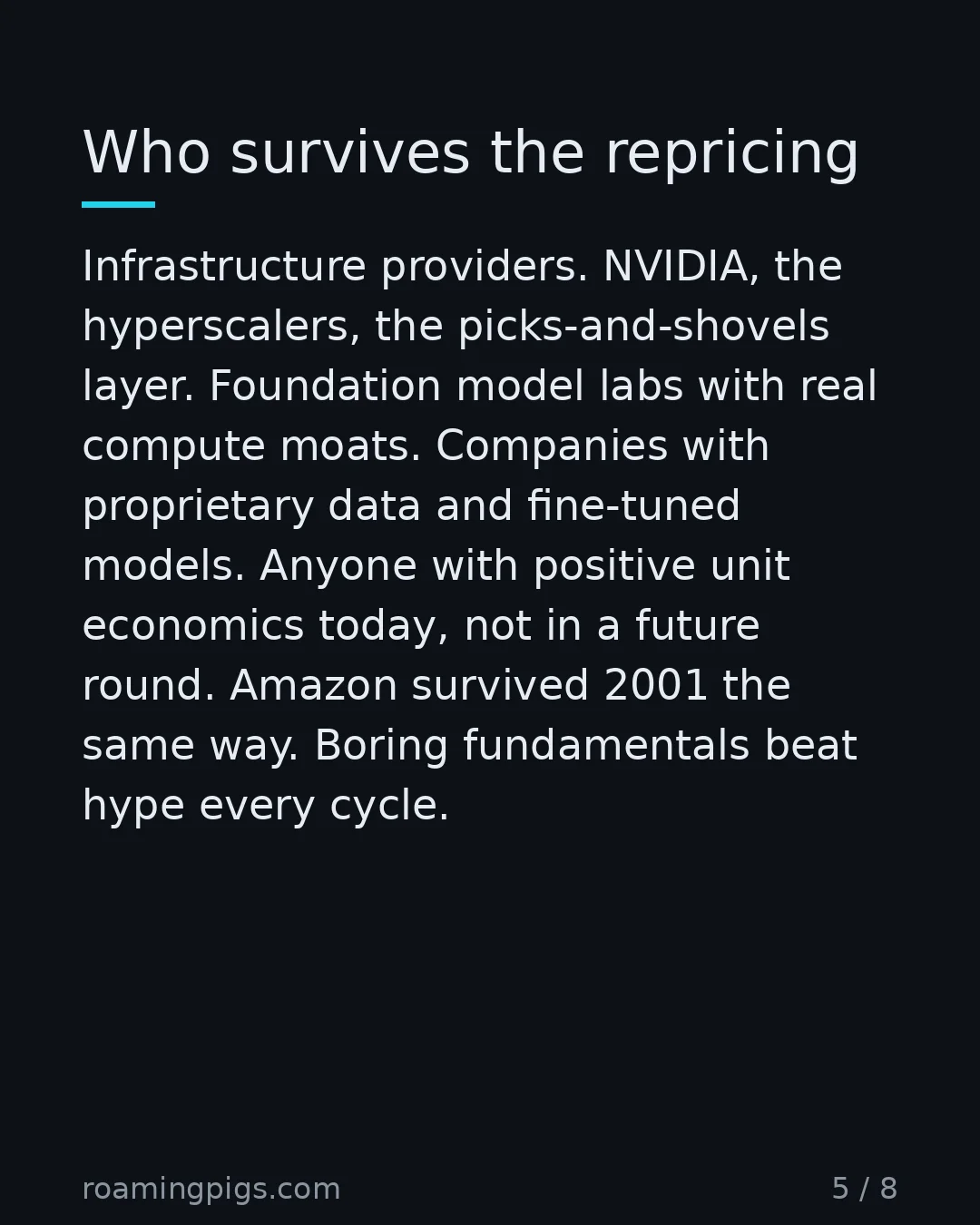 Slide 5 of 8: Who survives the repricing. Infrastructure providers. NVIDIA, the hyperscalers, the picks-and-shovels layer. Foundation model labs with…