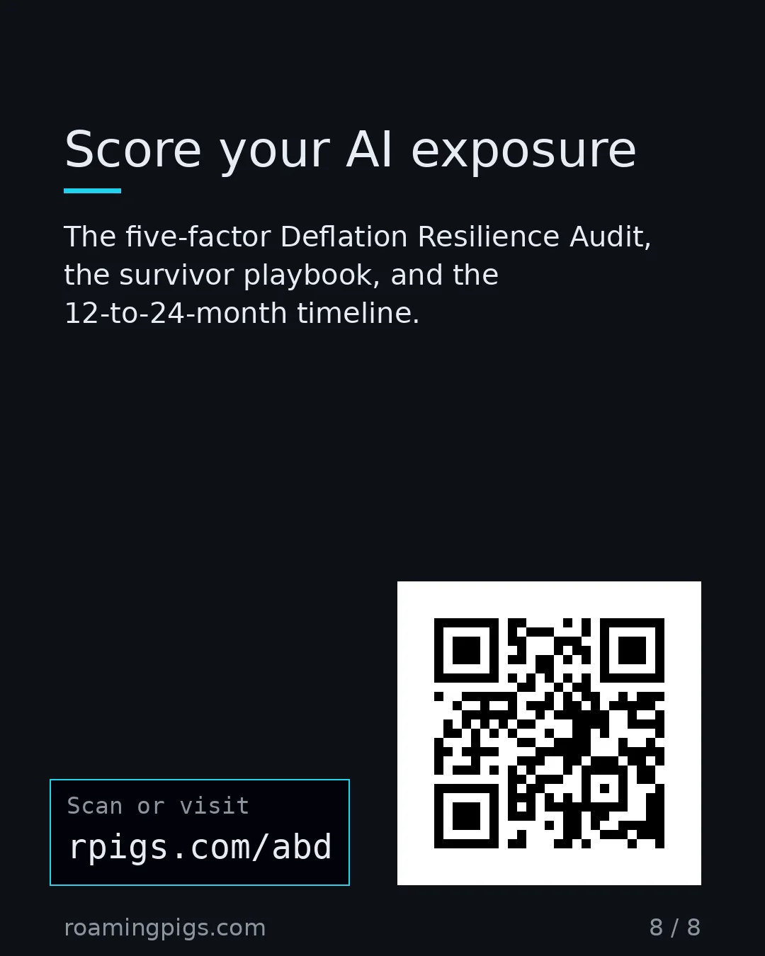 Slide 8 of 8: Call to action: The five-factor Deflation Resilience Audit, the survivor playbook, and the 12-to-24-month timeline. rpigs.com/abd Link:…