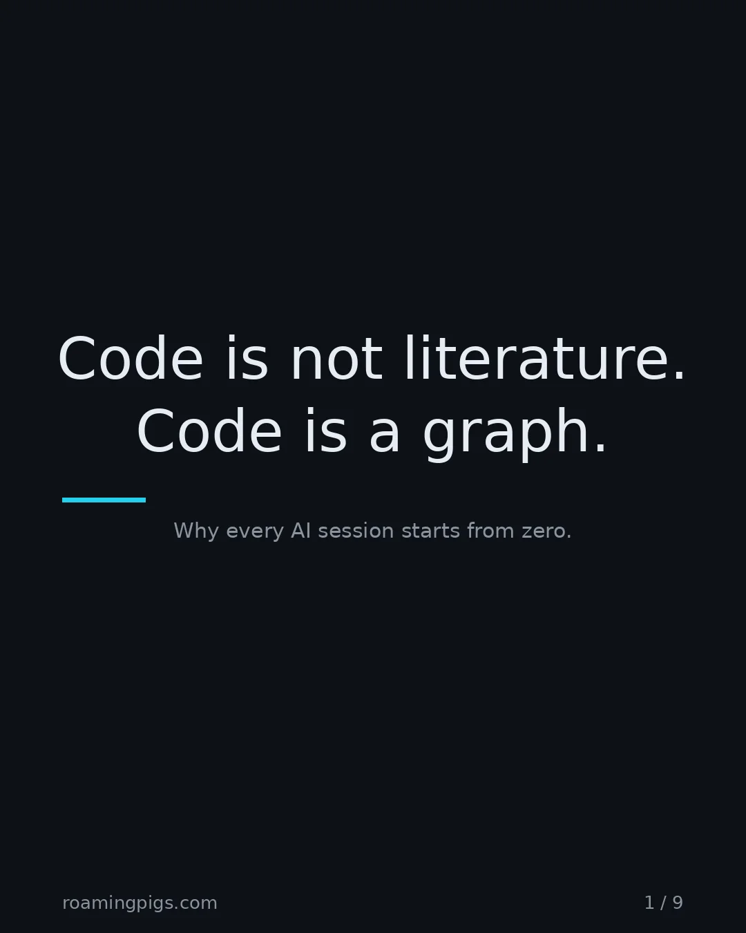 Slide 1 of 9: Code is not literature. Code is a graph.. Why every AI session starts from zero