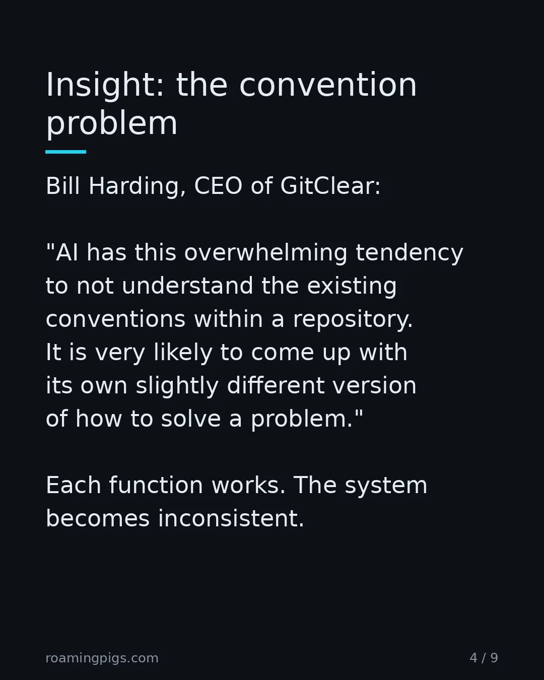 Slide 4 of 9: Insight: the convention problem. Bill Harding, CEO of GitClear: "AI has this overwhelming tendency to not understand the existing…