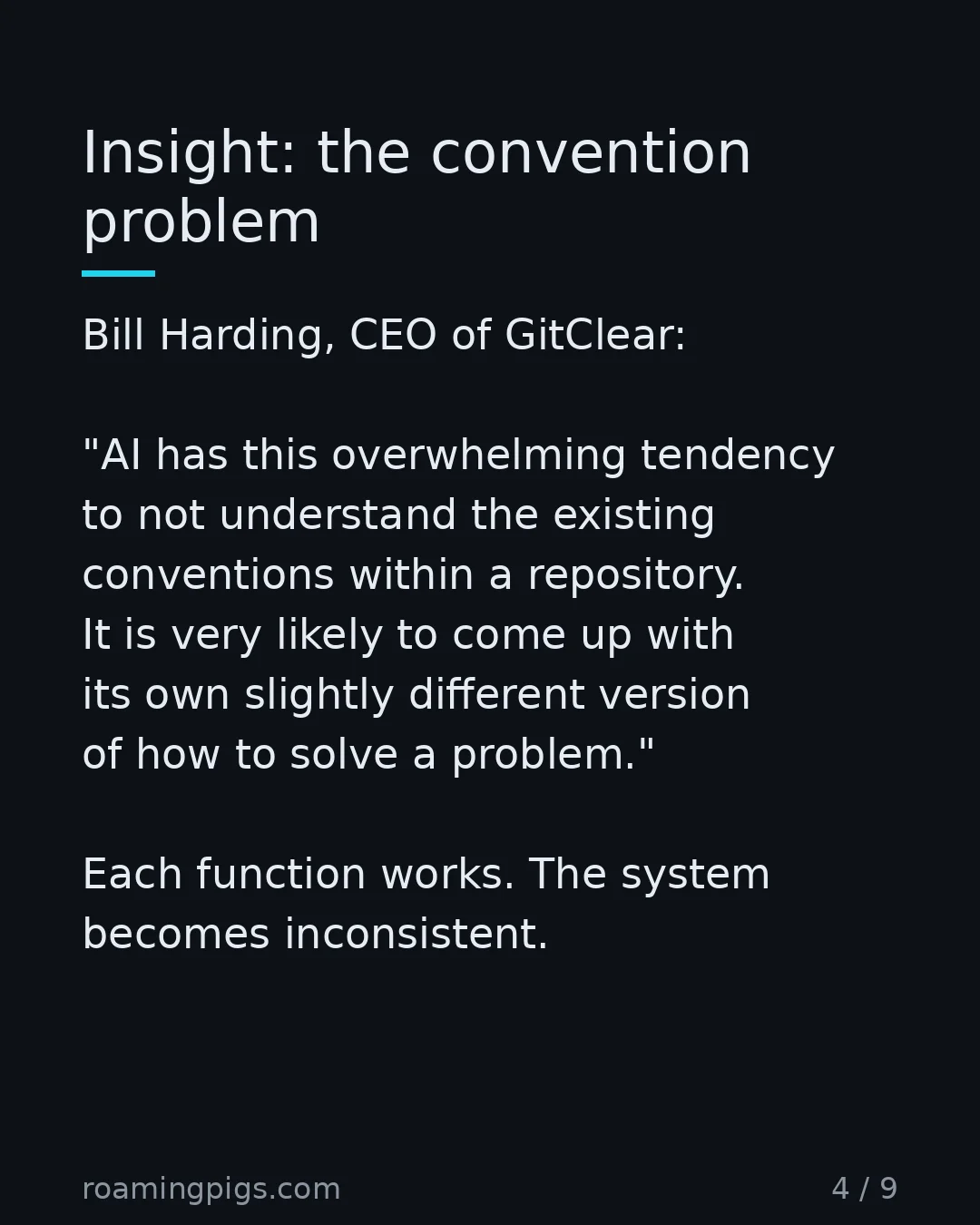 Slide 4 of 9: Insight: the convention problem. Bill Harding, CEO of GitClear: "AI has this overwhelming tendency to not understand the existing…