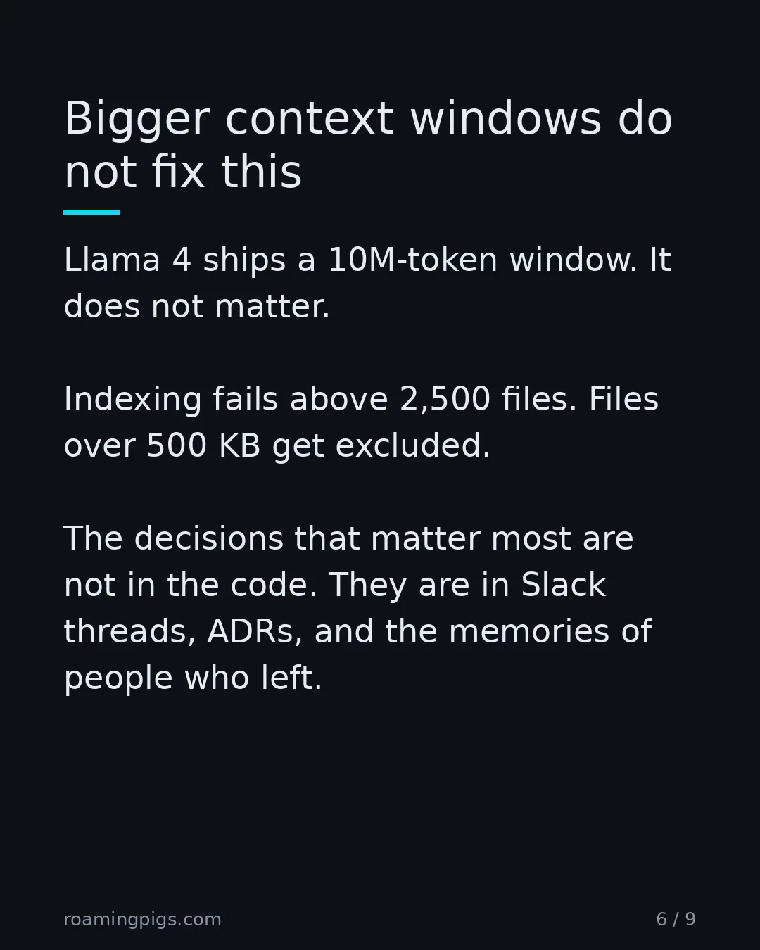 Slide 6 of 9: Bigger context windows do not fix this. Llama 4 ships a 10M-token window. It does not matter. Indexing fails above 2,500 files. Files over…