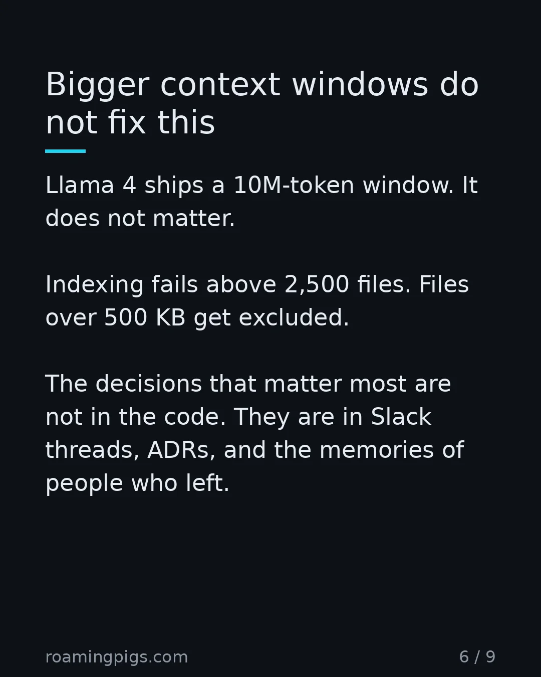 Slide 6 of 9: Bigger context windows do not fix this. Llama 4 ships a 10M-token window. It does not matter. Indexing fails above 2,500 files. Files over…