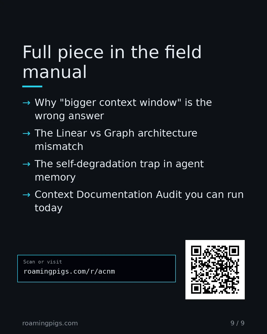 Slide 9 of 9: Call to action: Why "bigger context window" is the wrong answer The Linear vs Graph architecture mismatch The self-degradation trap in…