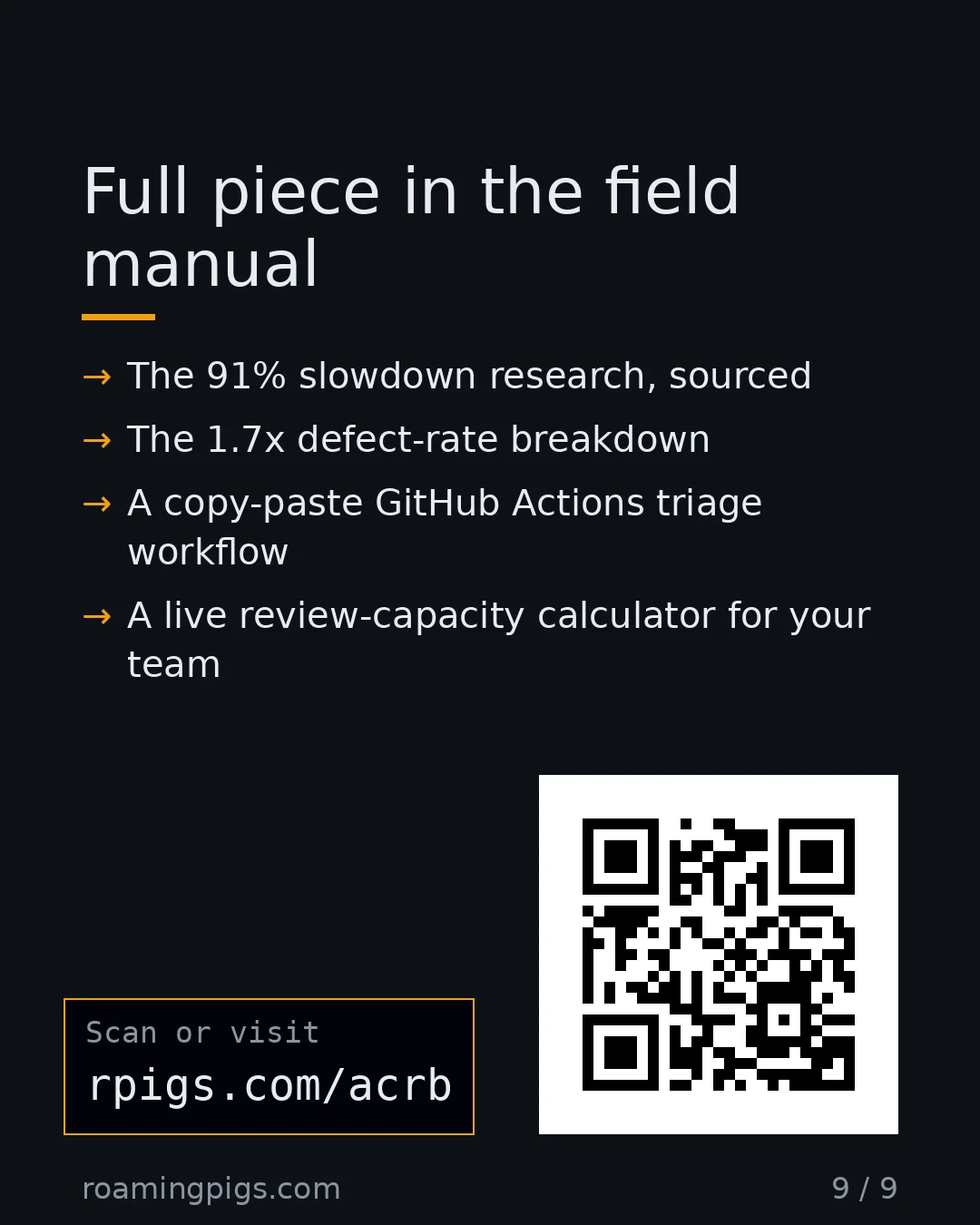Slide 9 of 9: Call to action: The 91% slowdown research, sourced The 1.7x defect-rate breakdown A copy-paste GitHub Actions triage workflow A live…