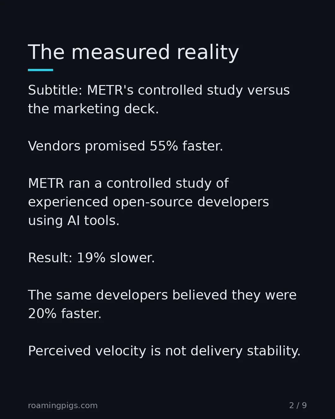 Slide 2 of 9: METR's controlled study versus the marketing deck. Vendors promised 55% faster. METR ran a controlled study of experienced open-source…