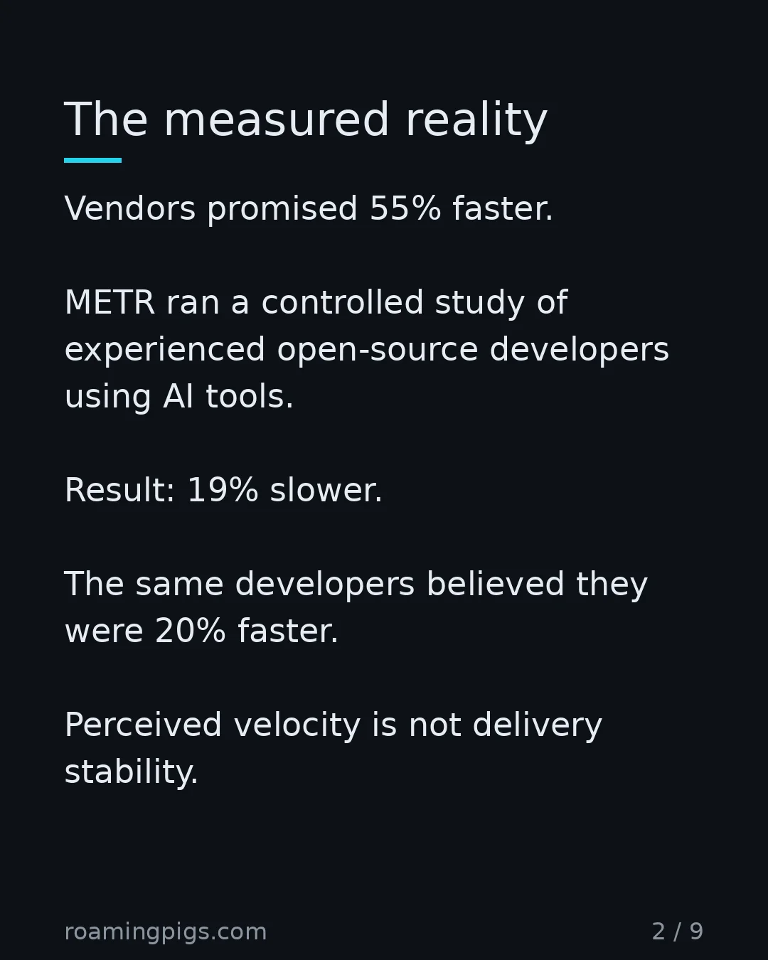 Slide 2 of 9: METR's controlled study versus the marketing deck. Vendors promised 55% faster. METR ran a controlled study of experienced open-source…