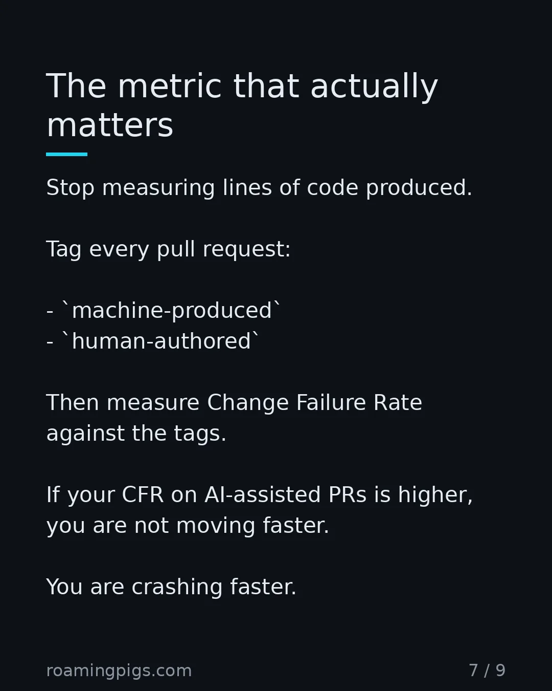 Slide 7 of 9: Stop counting lines. Count failures. Stop measuring lines of code produced. Tag every pull request: machine-produced human-authored Then…