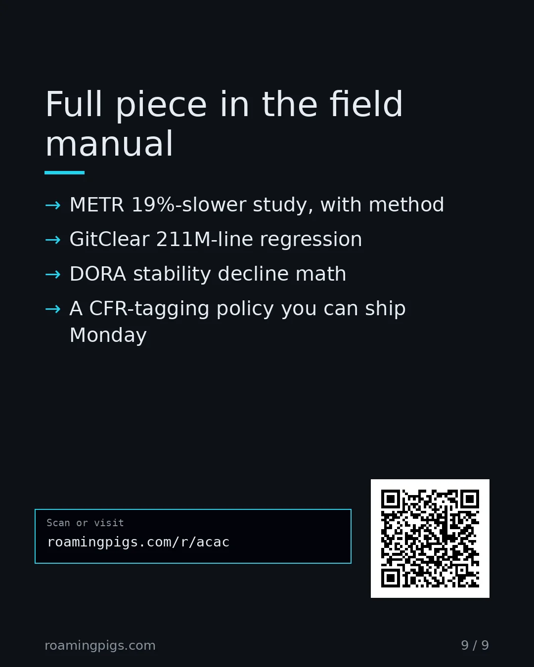 Slide 9 of 9: Call to action: The 8-fold duplication finding. The DORA correlations. The PR-tagging audit. The three tasks where AI coding tools actually…