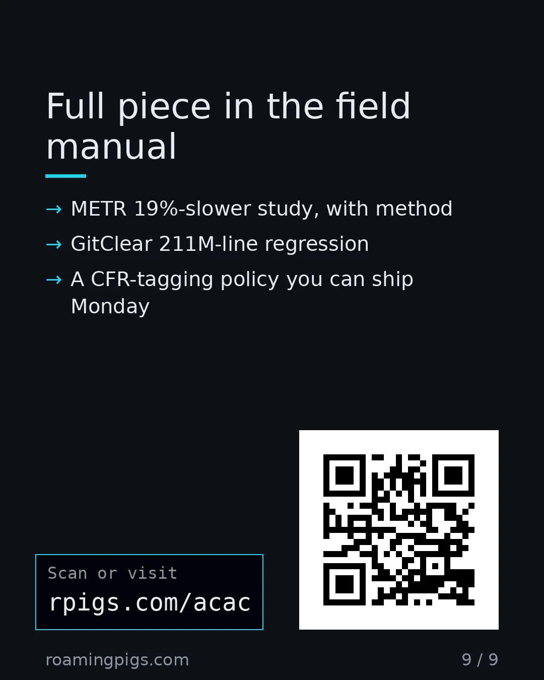 Slide 9 of 9: Call to action: METR 19%-slower study, with method GitClear 211M-line regression A CFR-tagging policy you can ship Monday rpigs.com/acac…
