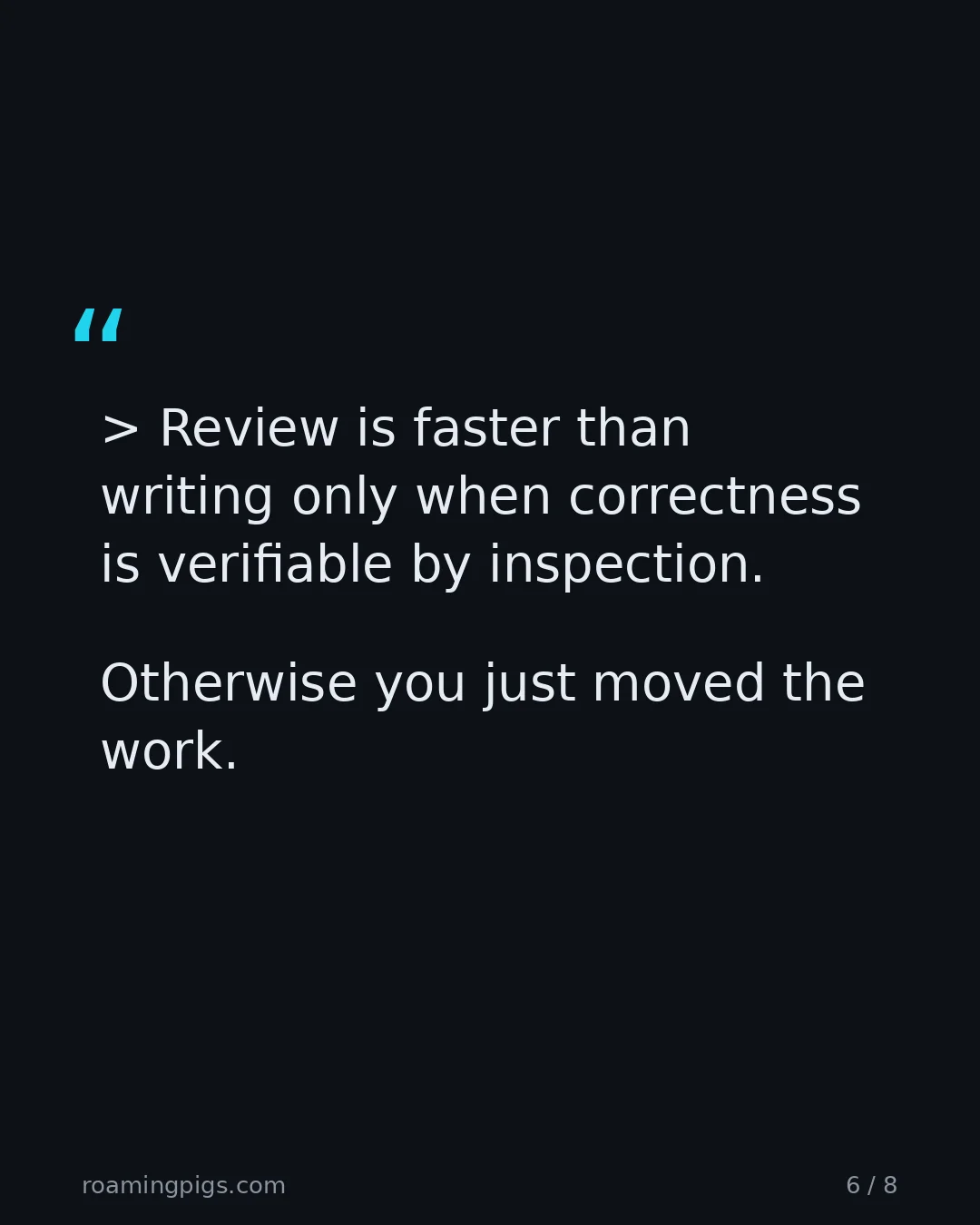 Slide 6 of 8: Quote: Review is faster than writing only when correctness is verifiable by inspection. Otherwise you just moved the work.