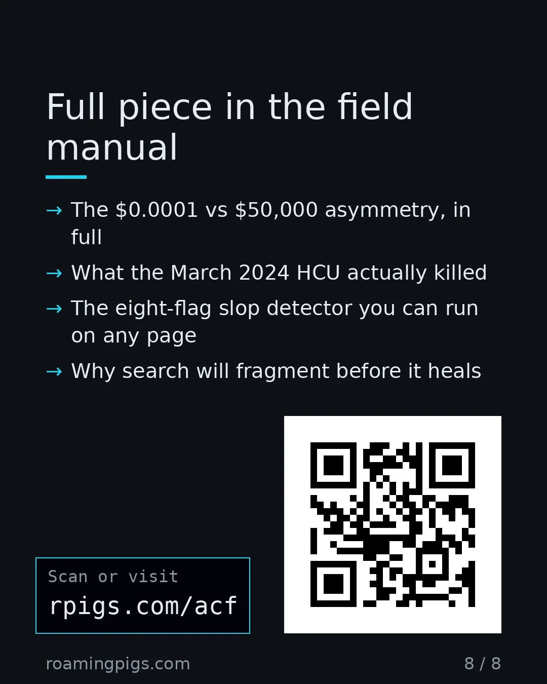 Slide 8 of 8: Call to action: The $0.0001 vs $50,000 asymmetry, in full What the March 2024 HCU actually killed The eight-flag slop detector you can run…