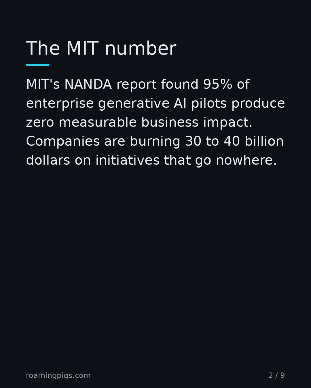 Slide 2 of 9: The MIT number. MIT's NANDA report found 95% of enterprise generative AI pilots produce zero measurable business impact. Companies are…