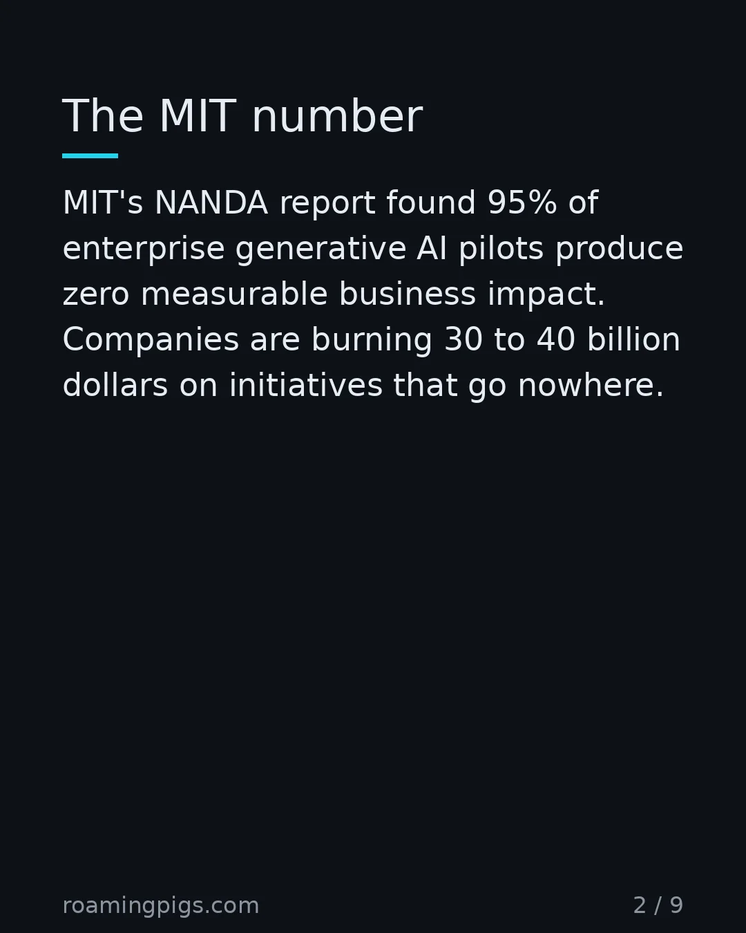 Slide 2 of 9: The MIT number. MIT's NANDA report found 95% of enterprise generative AI pilots produce zero measurable business impact. Companies are…