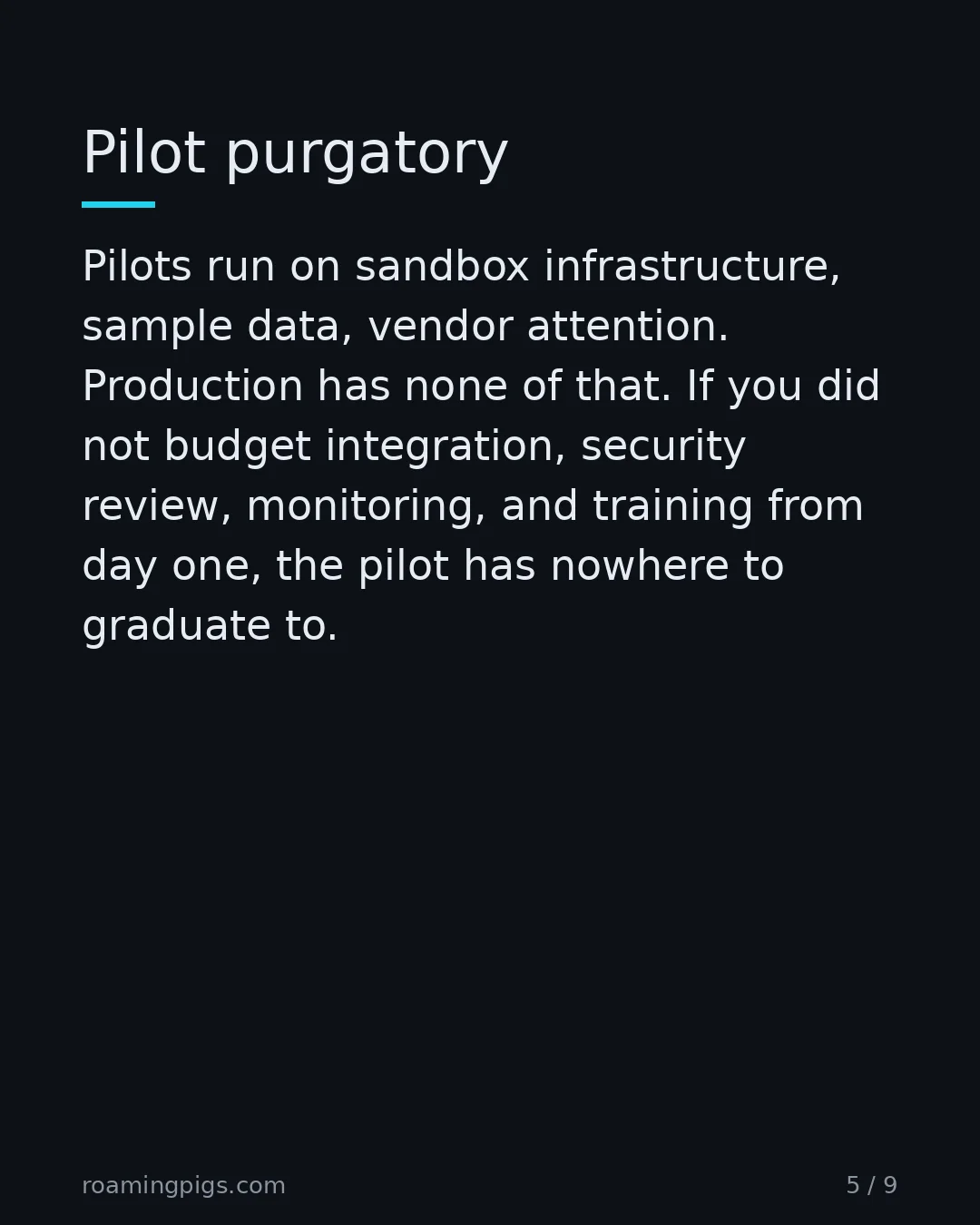 Slide 5 of 9: Pilot purgatory. Pilots run on sandbox infrastructure, sample data, vendor attention. Production has none of that. If you did not budget…