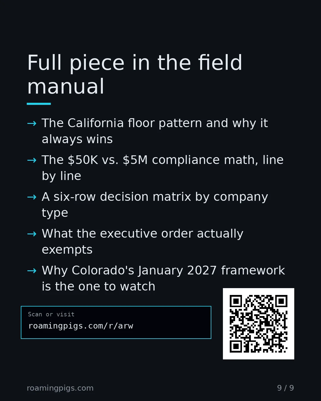 Slide 9 of 9: Call to action: The California floor pattern and why it always wins The $50K vs. $5M compliance math, line by line A six-row decision…