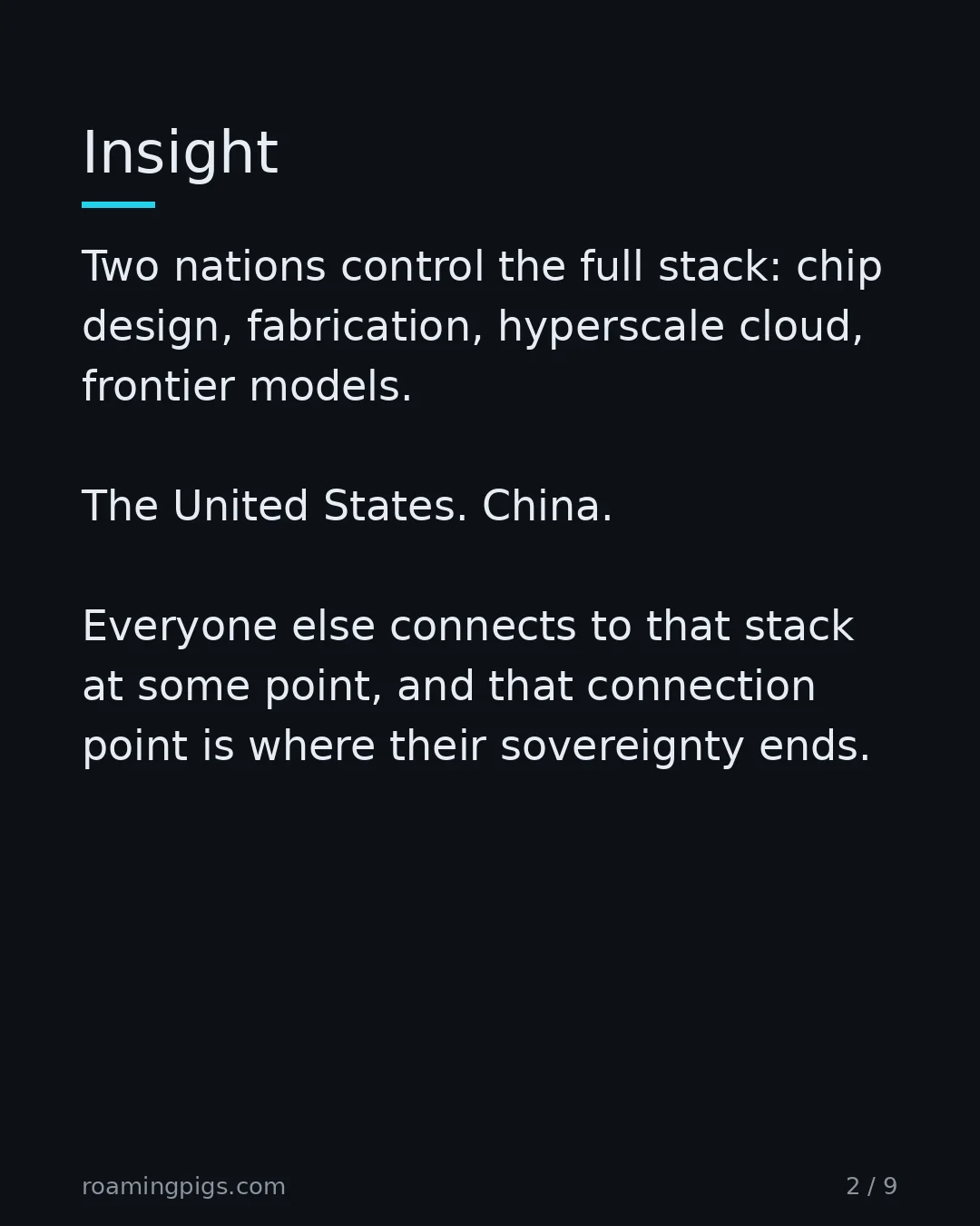 Slide 2 of 9: Full-stack AI control exists in exactly two places. Two nations control the full stack: chip design, fabrication, hyperscale cloud,…