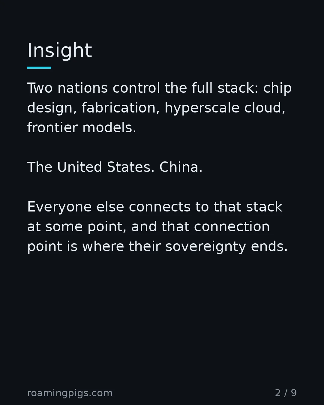 Slide 2 of 9: Full-stack AI control exists in exactly two places. Two nations control the full stack: chip design, fabrication, hyperscale cloud,…