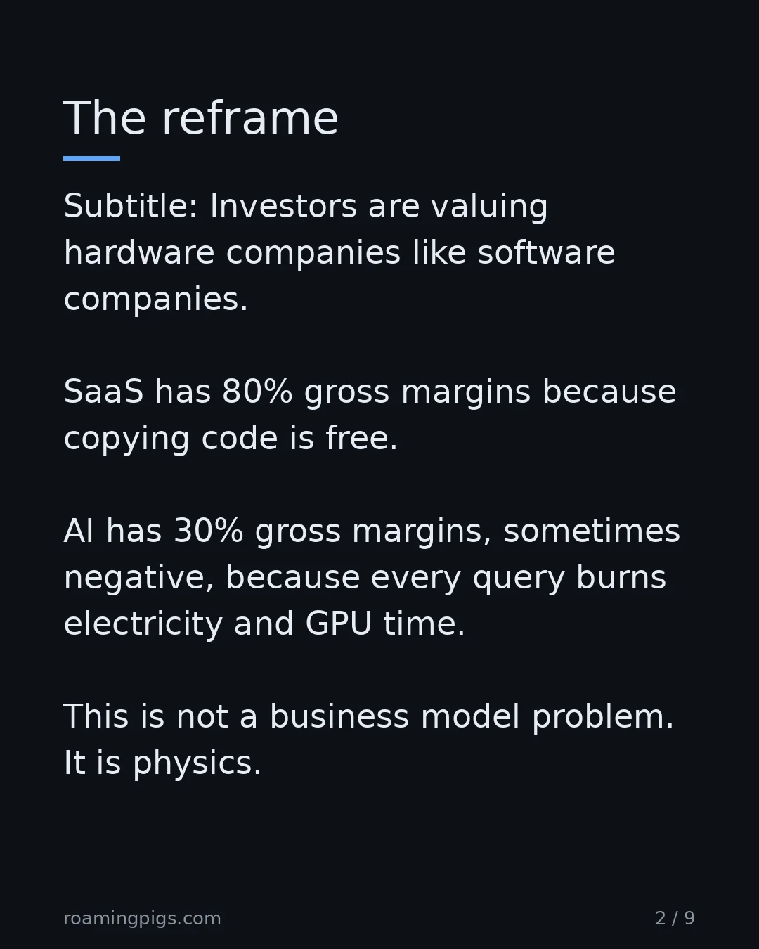 Slide 2 of 9: Investors are valuing hardware companies like software companies. SaaS has 80% gross margins because copying code is free. AI has 30% gross…