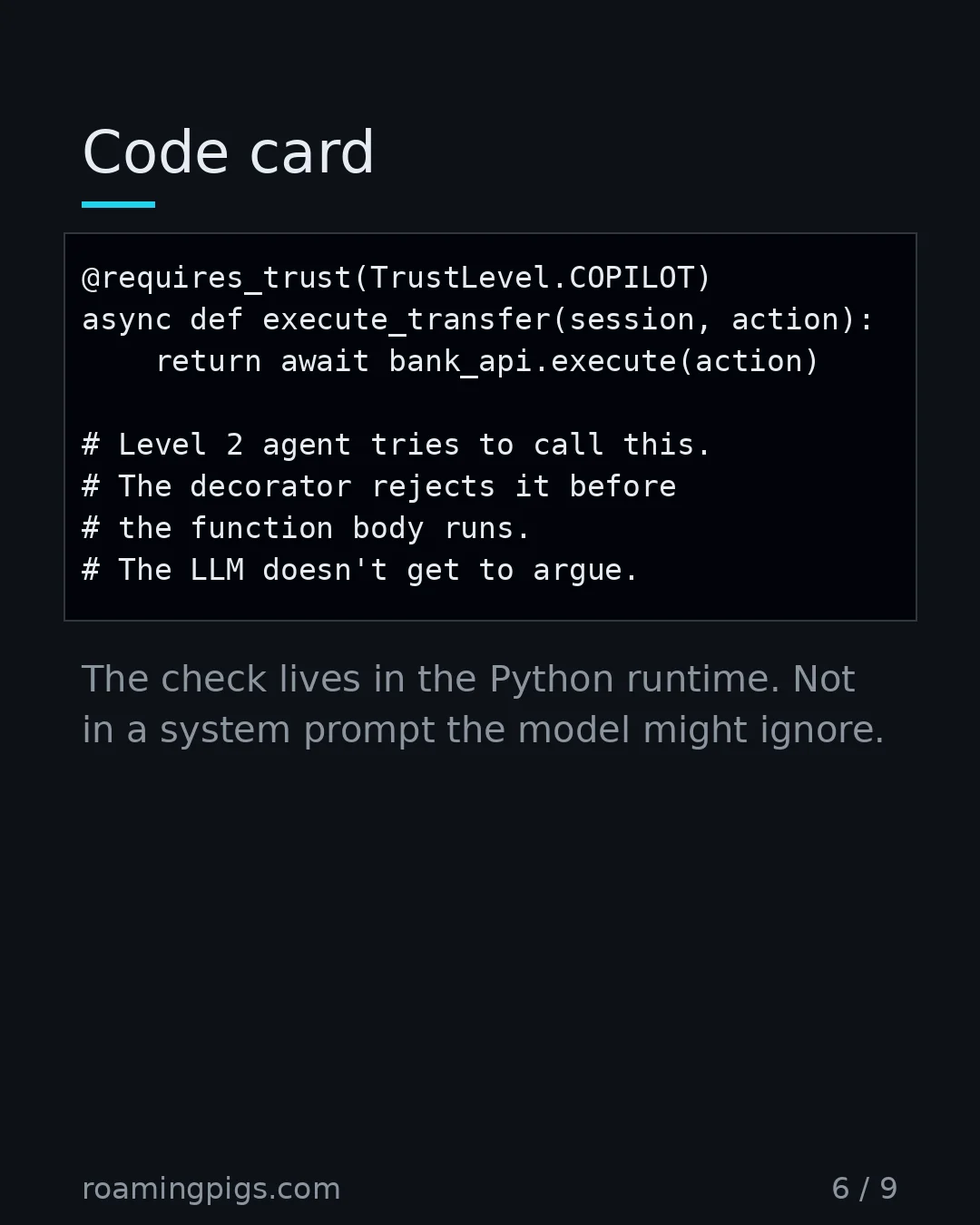 Slide 6 of 9: Code card. Code example. The check lives in the Python runtime. Not in a system prompt the model might ignore