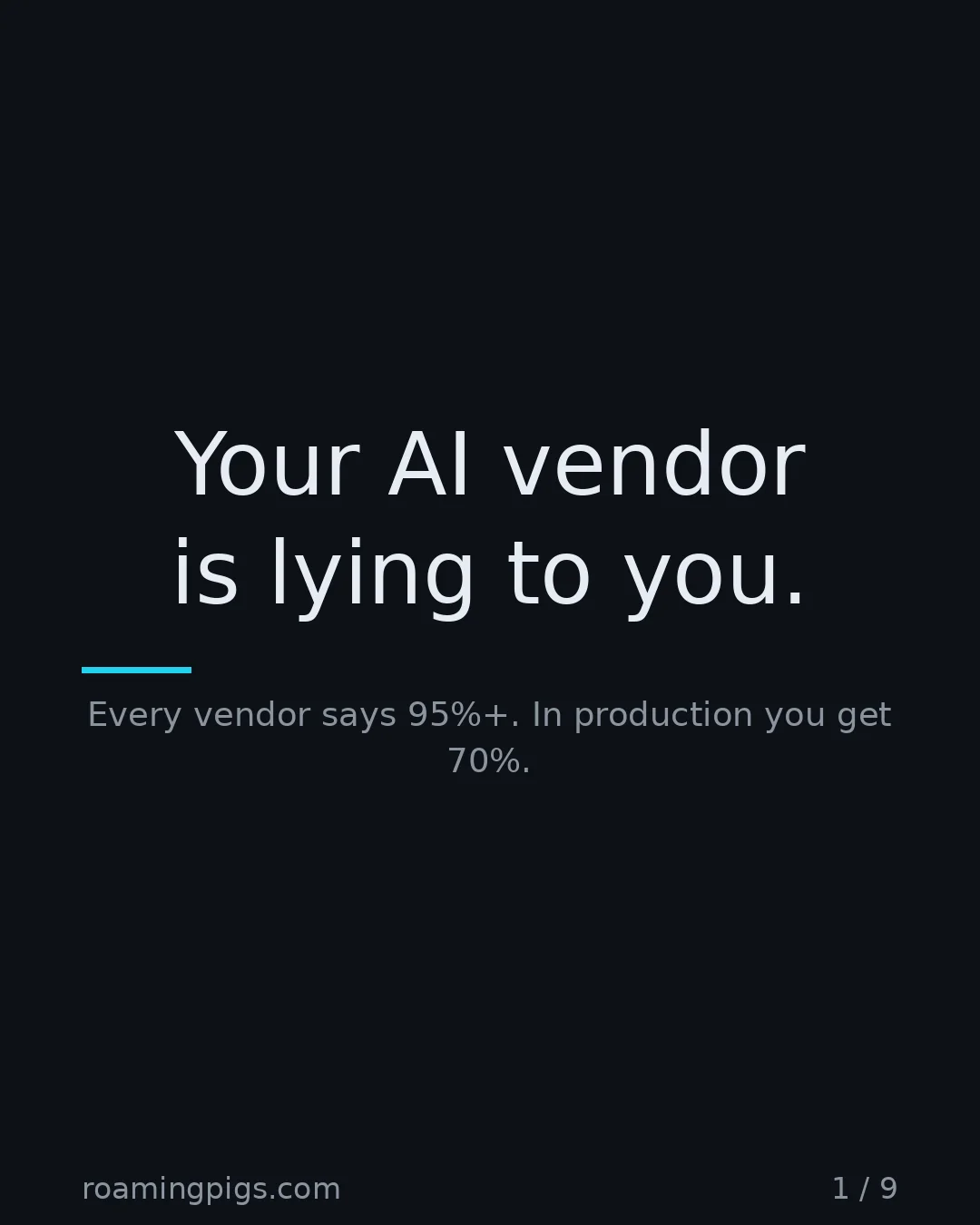 Slide 1 of 9: Your AI vendor is lying to you.. Every vendor says 95%+. In production you get 70%