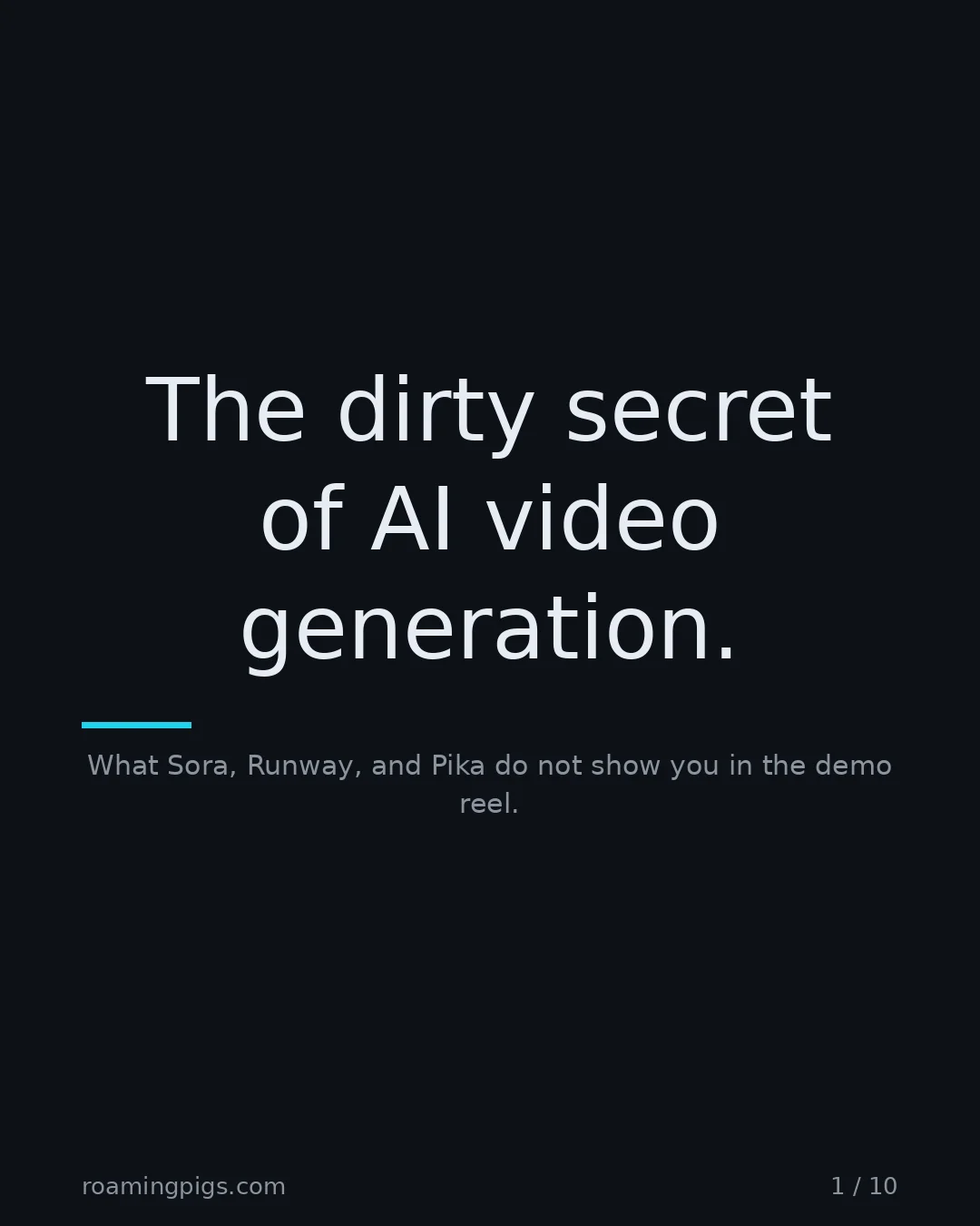 Slide 1 of 10: The dirty secret of AI video generation.. What Sora, Runway, and Pika do not show you in the demo reel