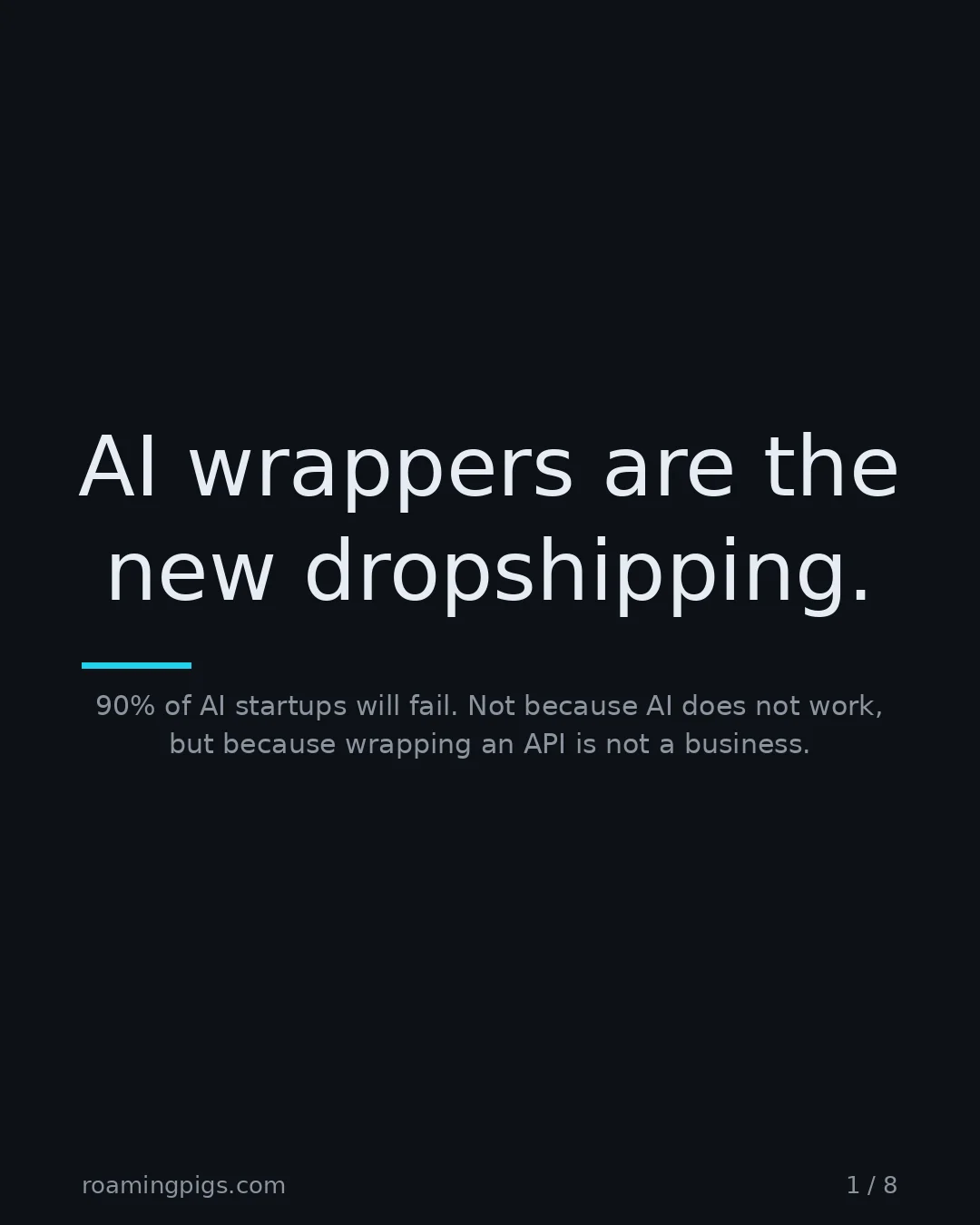 Slide 1 of 8: AI wrappers are the new dropshipping.. Most AI startups will fail. Not because AI does not work, but because wrapping an API is not a…