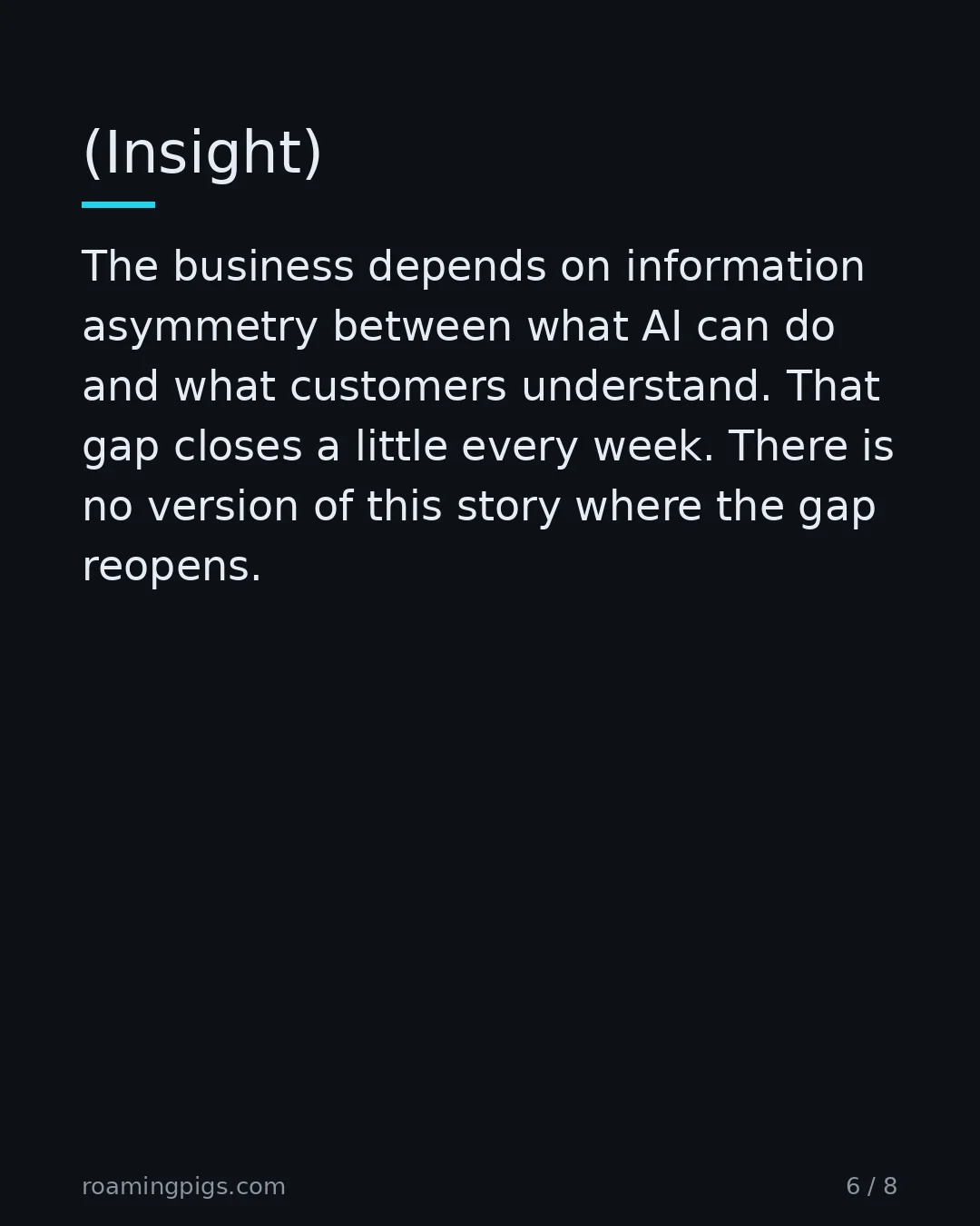 Slide 6 of 8: (Insight). The business depends on information asymmetry between what AI can do and what customers understand. That gap closes a little…