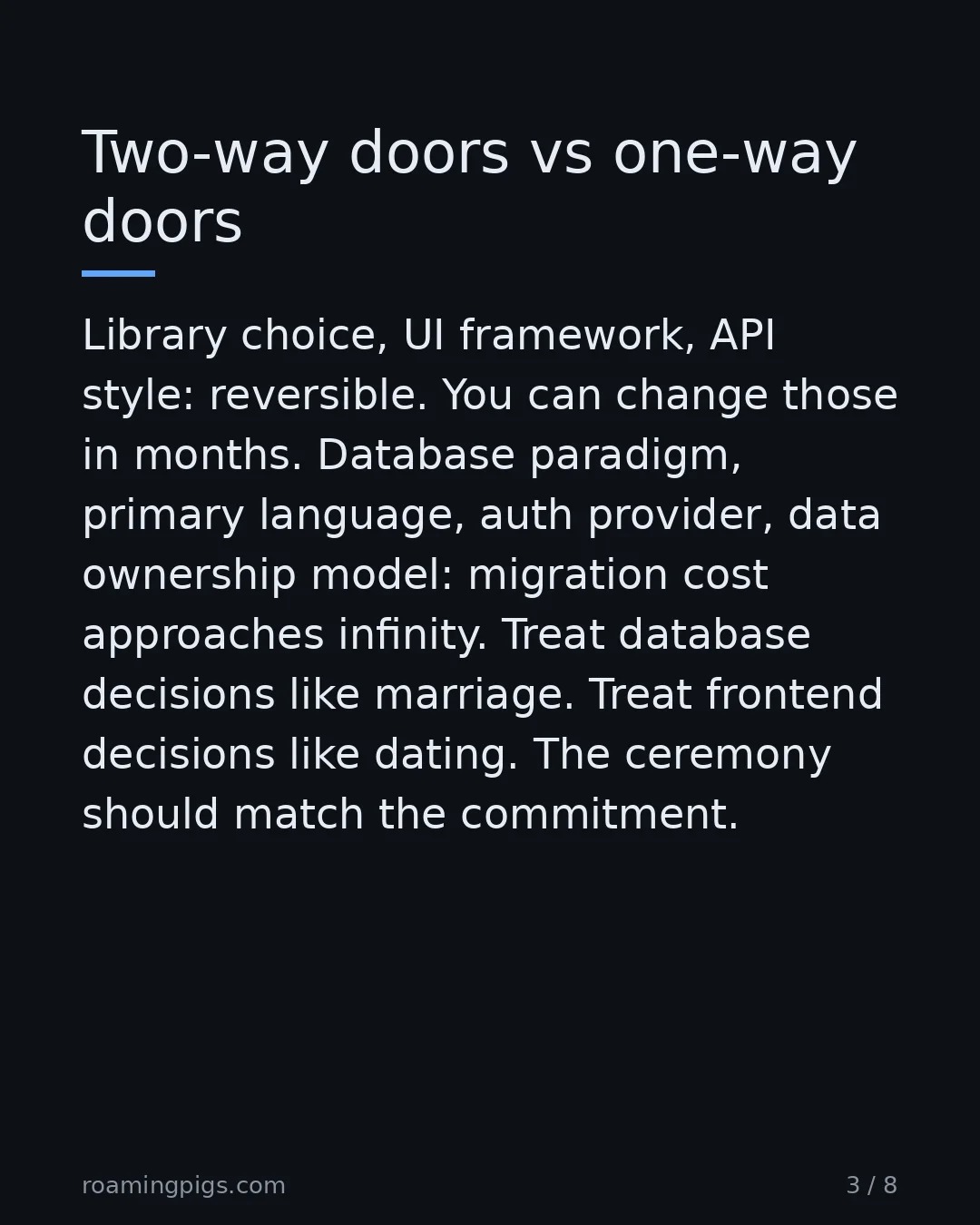 Slide 3 of 8: Two-way doors vs one-way doors. Library choice, UI framework, API style: reversible. You can change those in months. Database paradigm,…