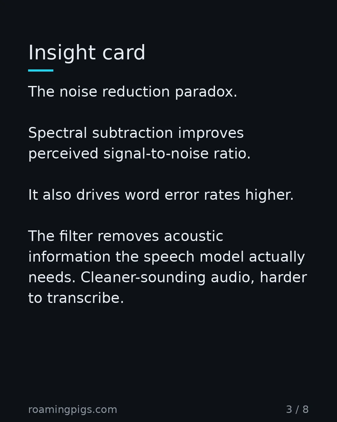Slide 3 of 8: Insight card. The noise reduction paradox. Spectral subtraction improves perceived signal-to-noise ratio. It also drives word error rates…