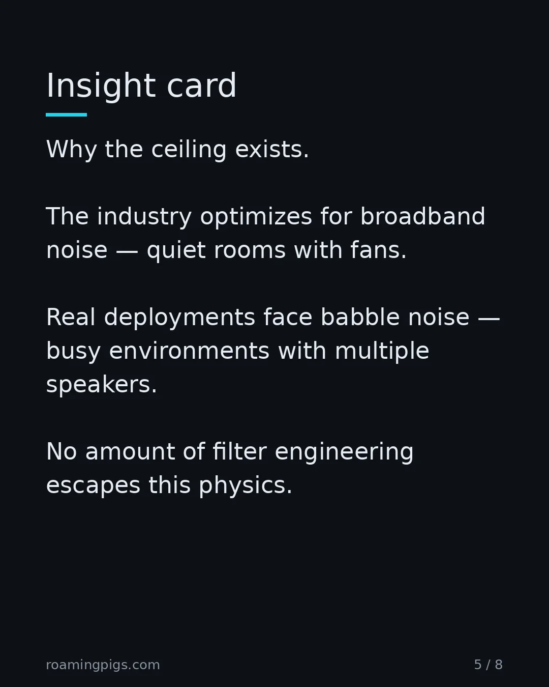 Slide 5 of 8: Insight card. Why the ceiling exists. The industry optimizes for broadband noise — quiet rooms with fans. Real deployments face babble…