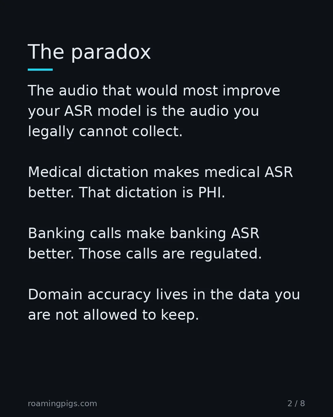 Slide 2 of 8: The paradox. The audio that would most improve your ASR model is the audio you legally cannot collect. Medical dictation makes medical ASR…