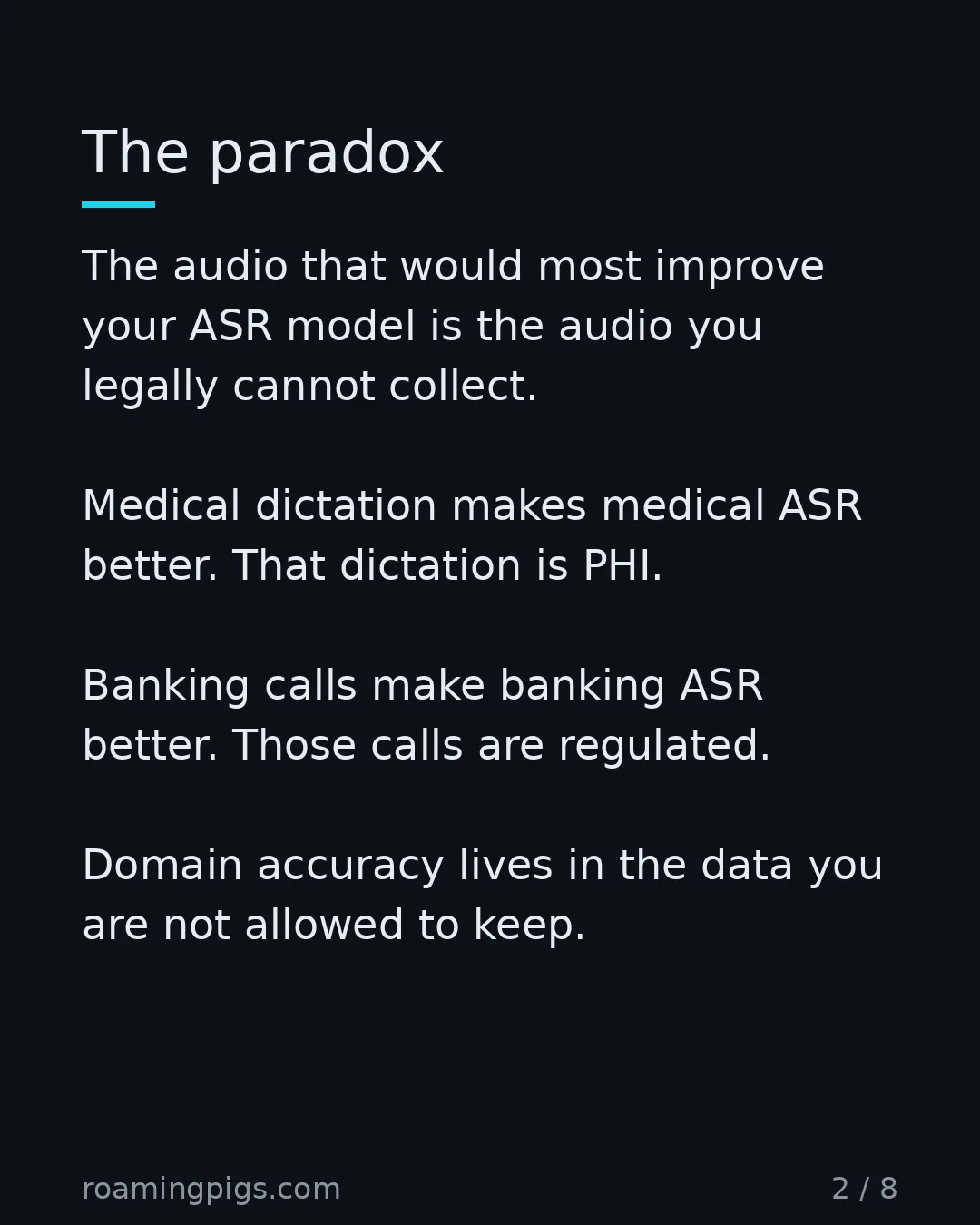 Slide 2 of 8: The paradox. The audio that would most improve your ASR model is the audio you legally cannot collect. Medical dictation makes medical ASR…
